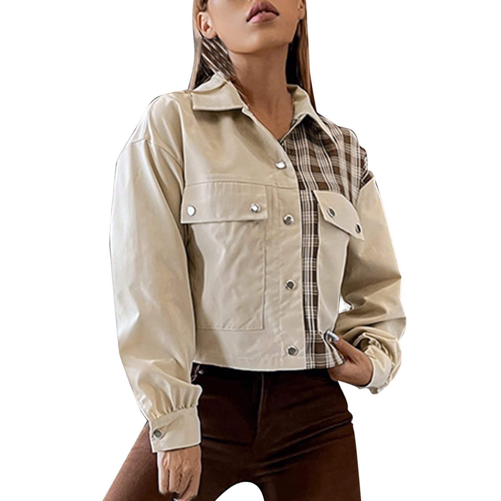 Women's Casual Plaid Print Long Sleeve Button-Up Shirt Jacket with Strap Pockets - Plus Size Tops for Work, Travel & Everyday Wear