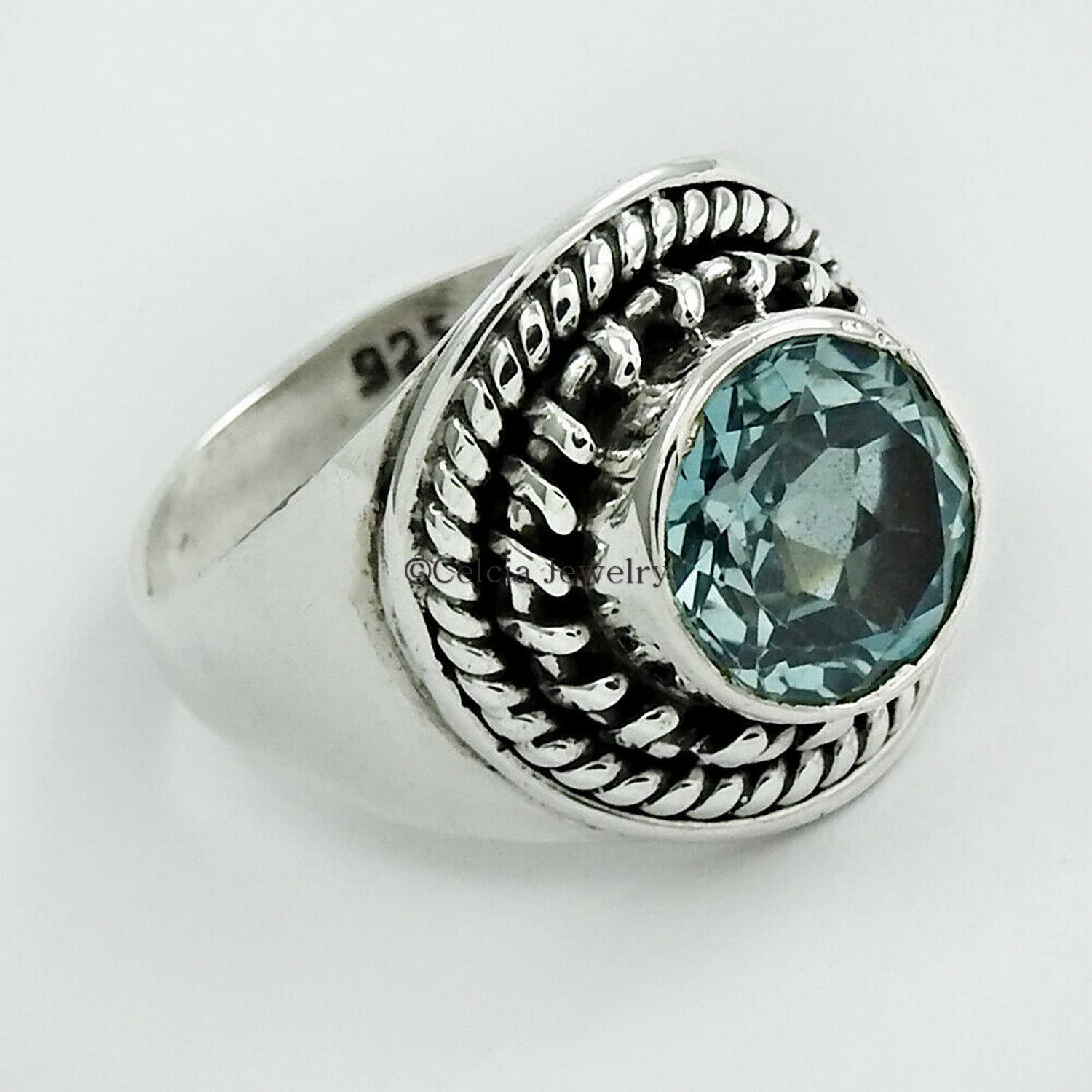Natural Blue Topaz Gemstone Ring - Elegant Statement Promise & Proposal Ring | Bohemian Style Jewelry | November Birthstone Gift for Women | Perfect Anniversary, Holiday & Special Occasion Gift (Size 12) - Ideal for Engagements, Weddings, Birthdays & Romantic Surprises