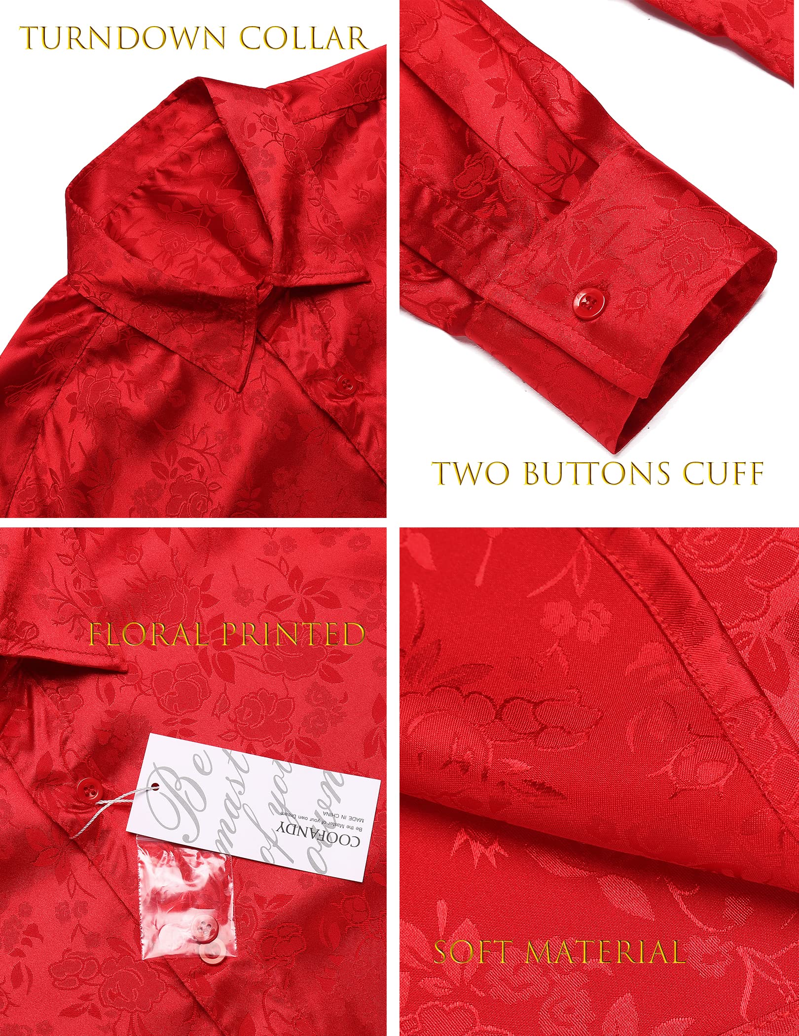 COOFANDY Men's Silk Satin Dress Shirt - Jacquard Long Sleeve Floral Button Down Shirt for Wedding, Prom, Party & Formal Occasions | Elegant Business & Evening Wear