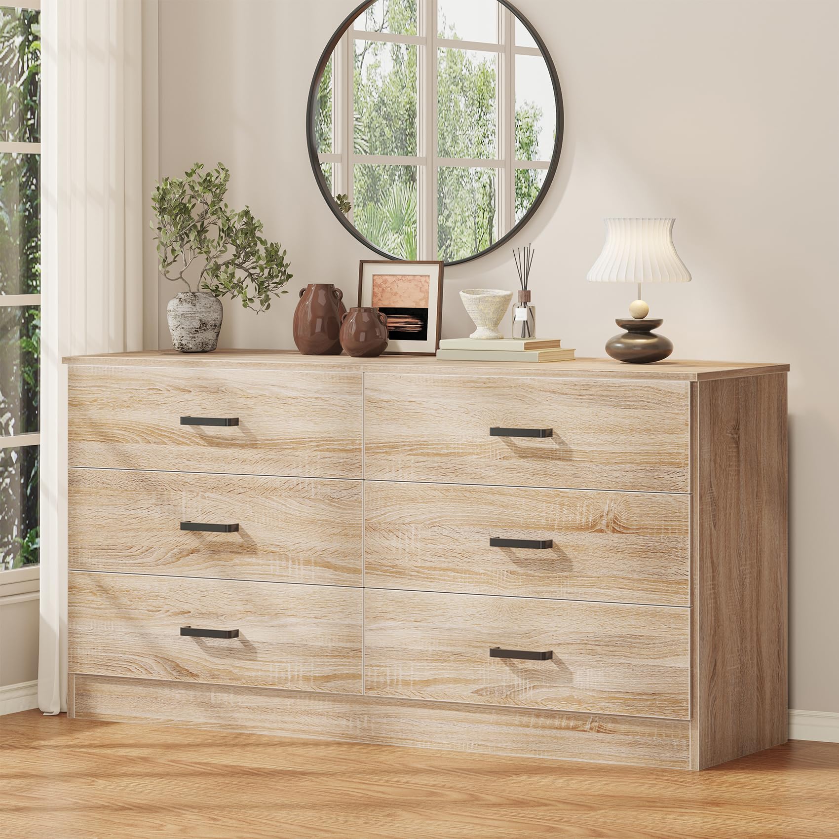 Bigbiglife 6-Drawer Double Dresser for Bedroom - Modern Chest of Drawers with Deep Storage, Large Dresser TV Stand Organizer for Living Room & Closet - Light Oak Finish | Perfect for Bedroom Storage, Living Room TV Stand & Closet Organization