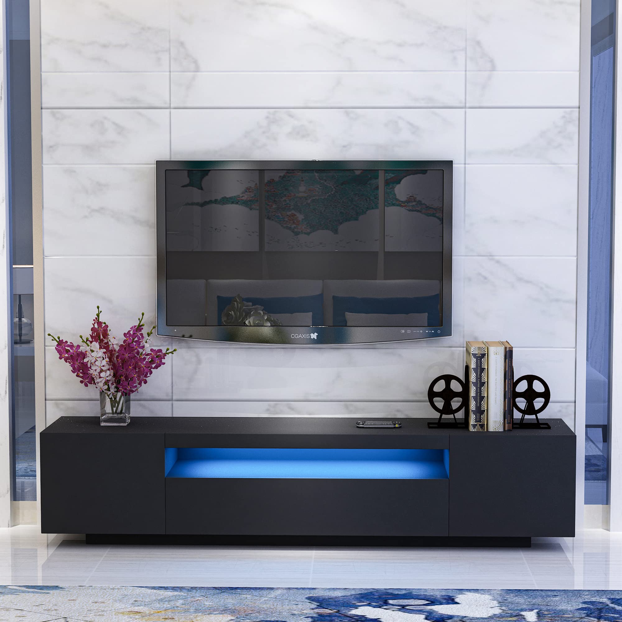 WERSMT Black Modern LED TV Stand for up to 85 Inch TVs with 16 Color RGB Lighting - Entertainment Center for Living Room, Bedroom & Home Theater Setup