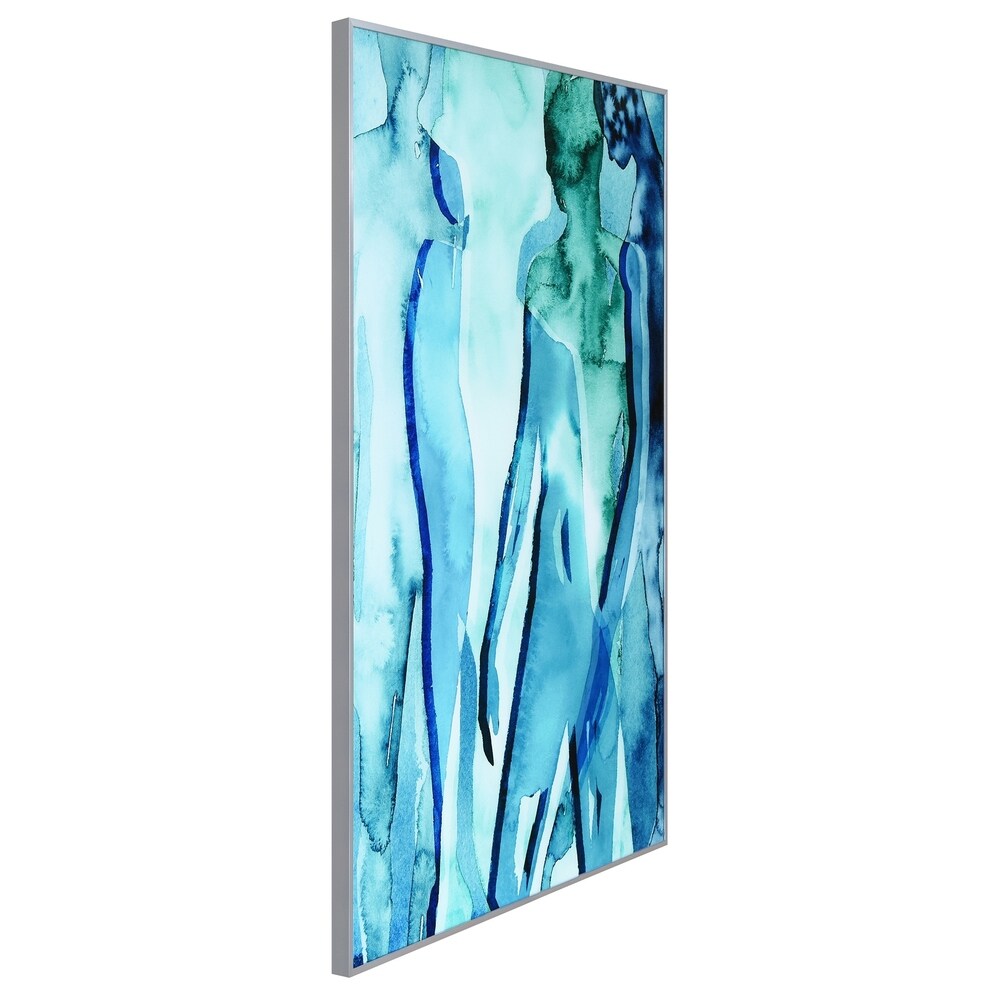 Abstract Blue & Green Silhouette Wall Art - Glass Panel with Silver Anodized Aluminum Frame - Modern Home & Office Decor for Living Room, Bedroom or Workspace