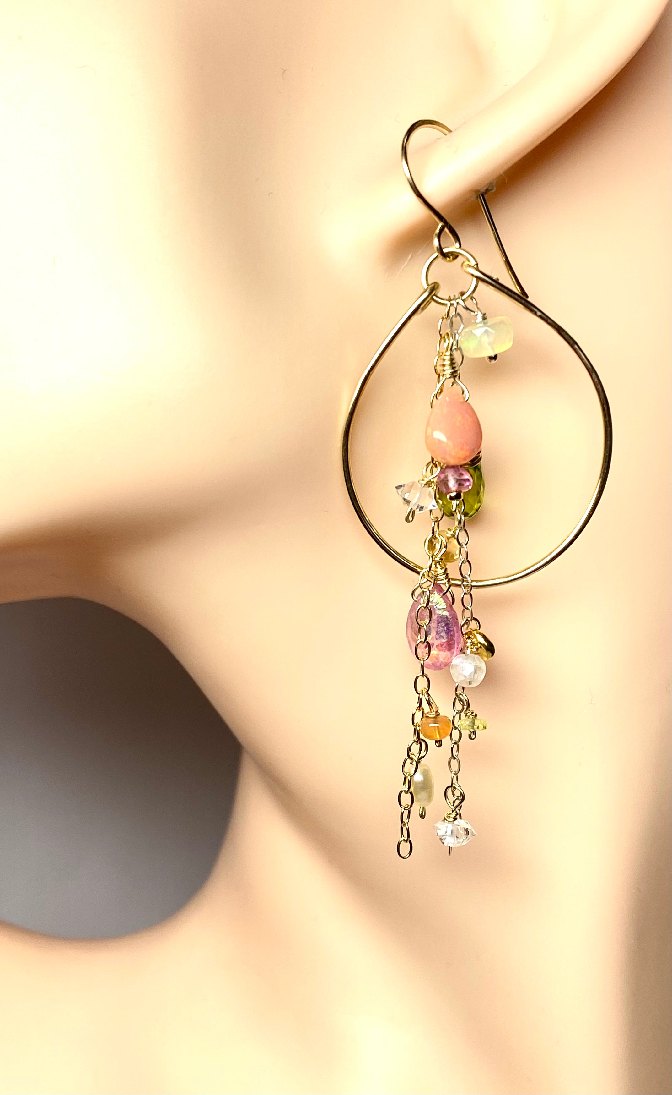 14K Gold Filled Hoop Earrings with Opal & Peridot Gemstone Dangles - Elegant Dangle Earrings for Women, Perfect for Weddings, Parties & Everyday Wear