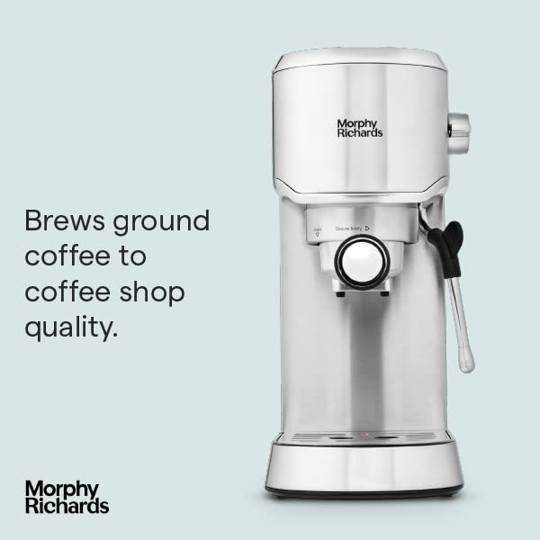 Morphy Richards Compact Espresso Machine with Milk Frother - 1L Water Tank, Dual Cup, Variable Steam Control - Works with Ground Coffee & ESE Pods - Stainless Steel (Model 172022) - Perfect for Home, Office or Small Cafes