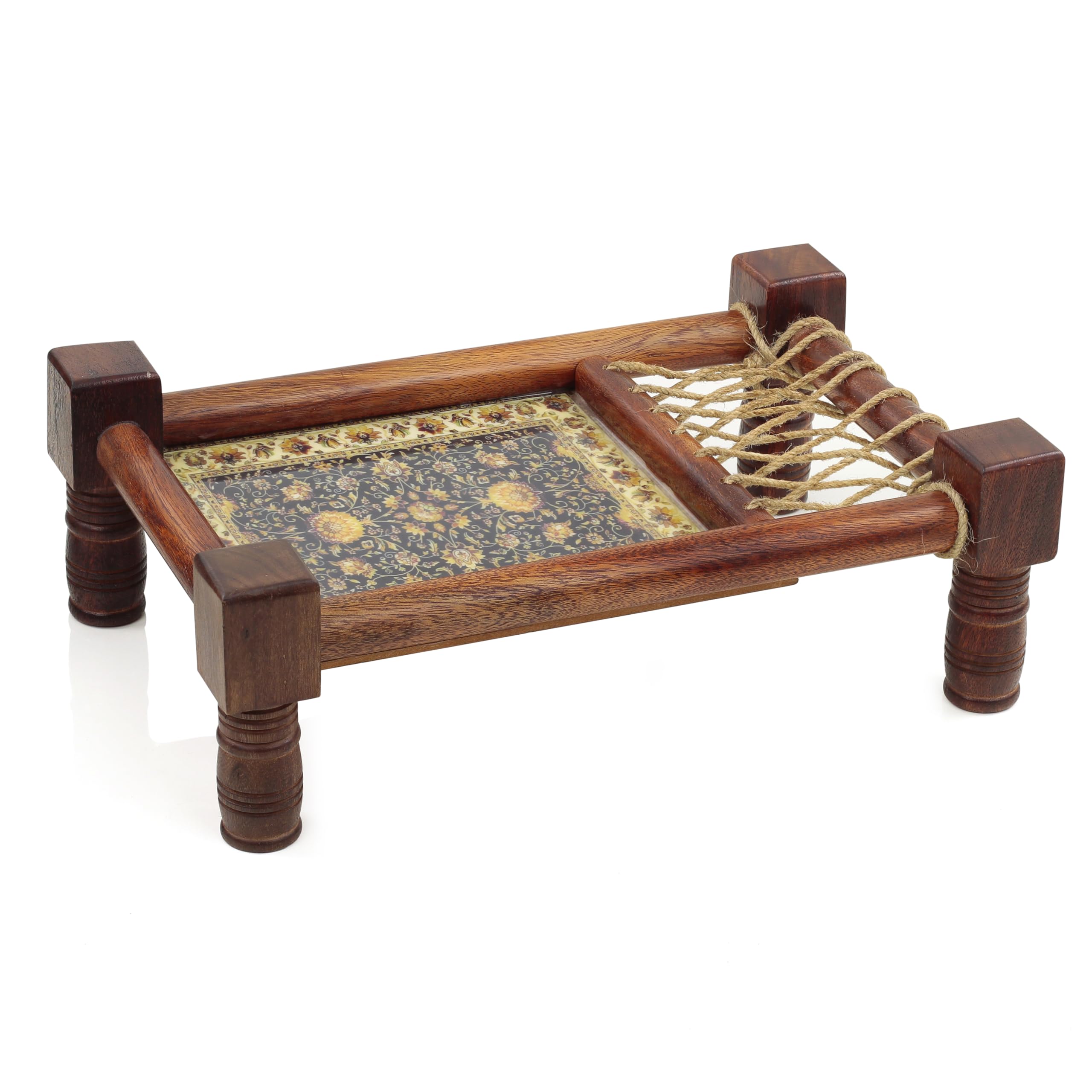 Handcrafted Asian Wooden Snack Tray with Floral Black Design - Traditional North Indian Decorative Serving Tray for Tea, Coffee, and Appetizers - Perfect for Home Decor, Dining, and Gift Giving