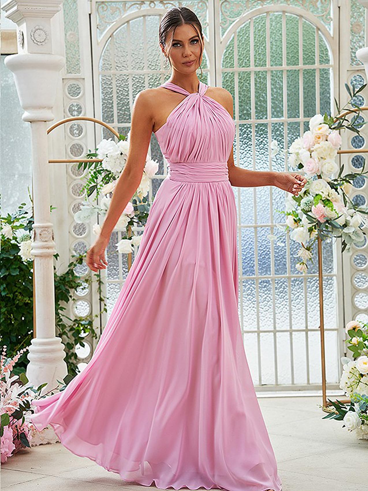 Elegant A-Line Pleated Halter Bridesmaid Dresses for Women - Chiffon Formal Evening Gown with Pockets | Perfect for Weddings, Proms & Special Occasions