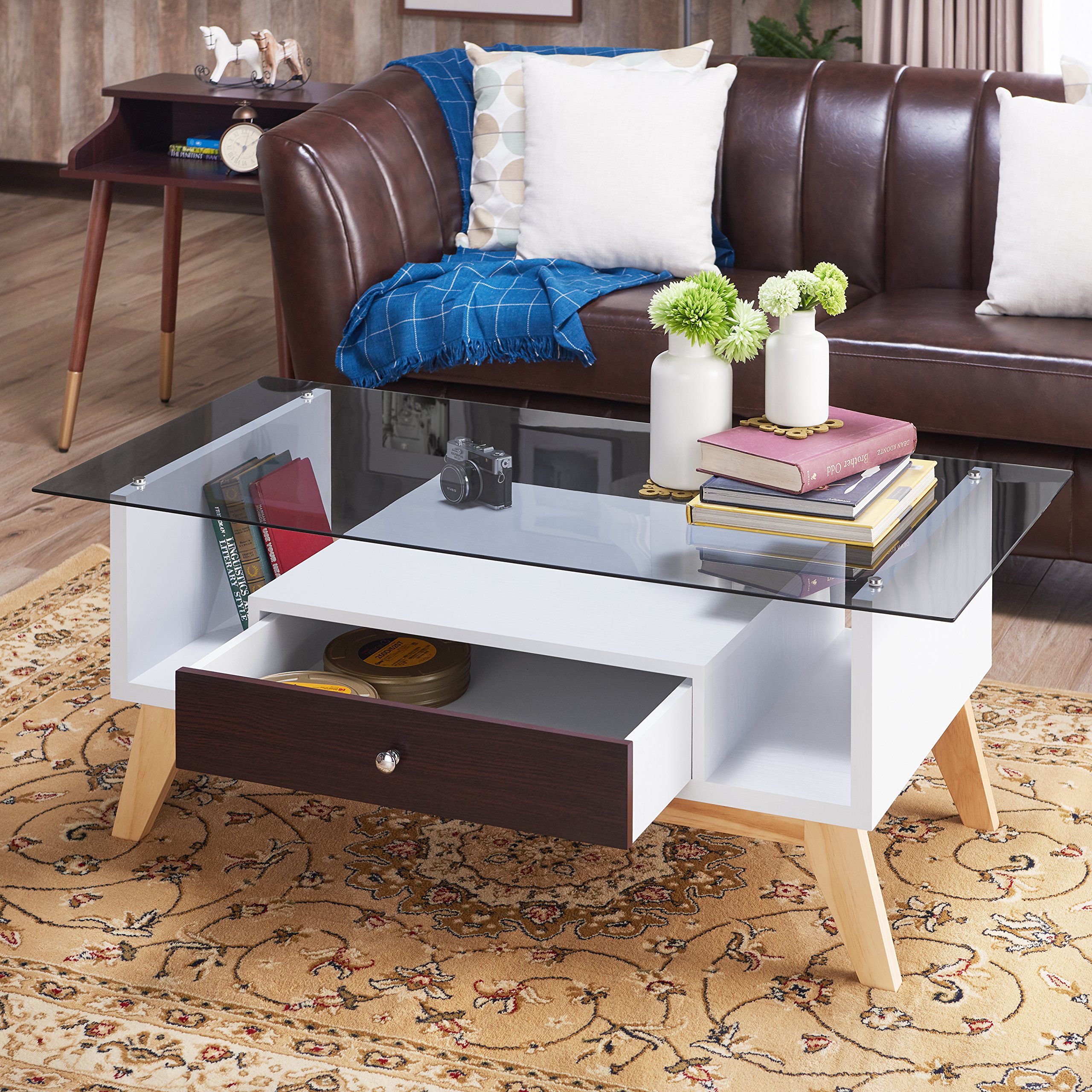 Modern Rectangle 1-Drawer Glass Top Coffee Table in Espresso - Stylish Living Room Furniture for Small Spaces, Home Office & Apartment Decor