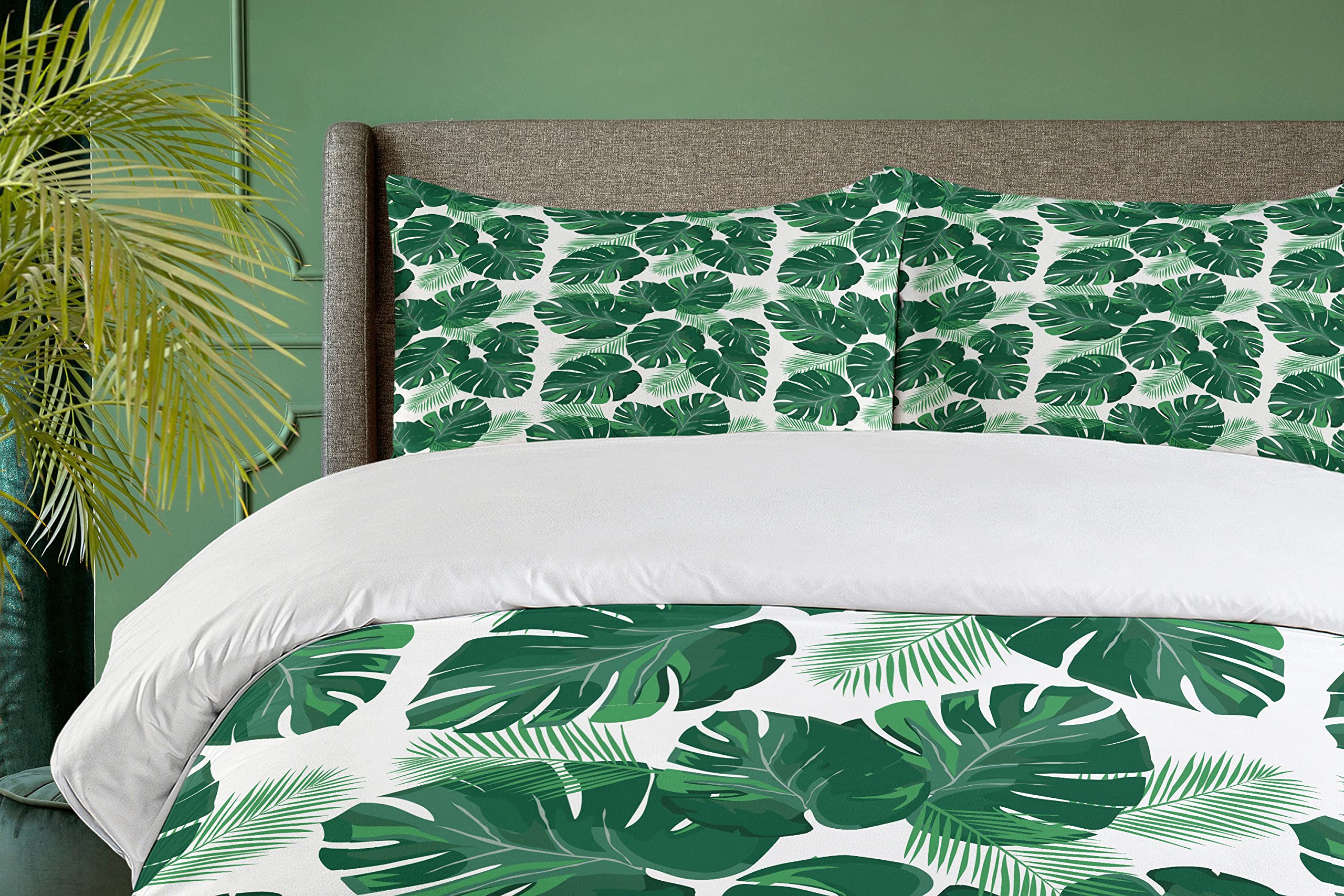 Ambesonne Monstera Leaf Duvet Cover Set - King Size 3-Piece Bedding with 2 Pillow Shams, White & Jade Green Tropical Botanical Print - Perfect for Bohemian & Jungle Theme Bedrooms