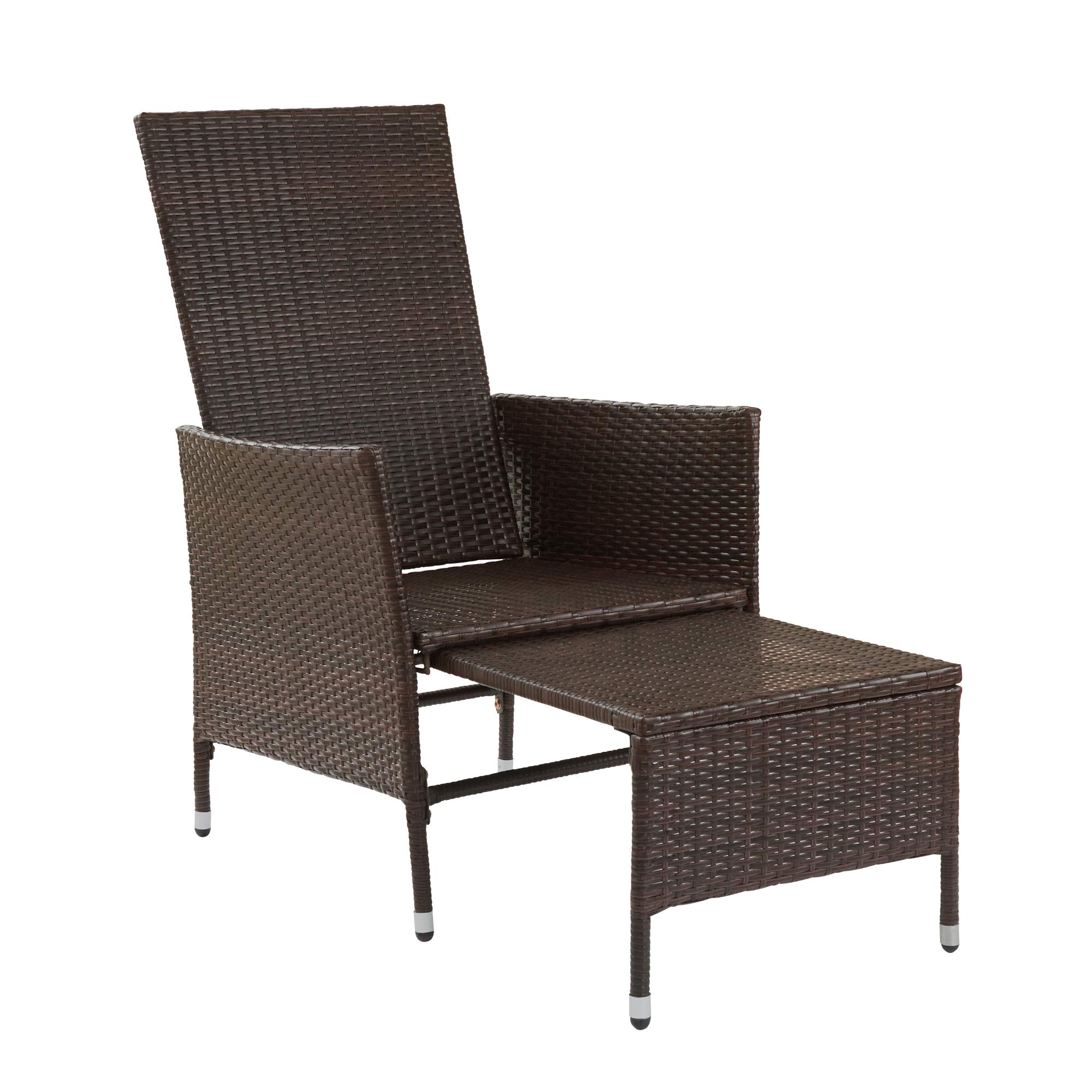 Teamson Home Outdoor PE Rattan Patio Lounge Chair with Ottoman & White Weatherproof Cushions - Brown - Perfect for Patio, Deck, Garden, Poolside, Balcony or Sunroom Relaxation