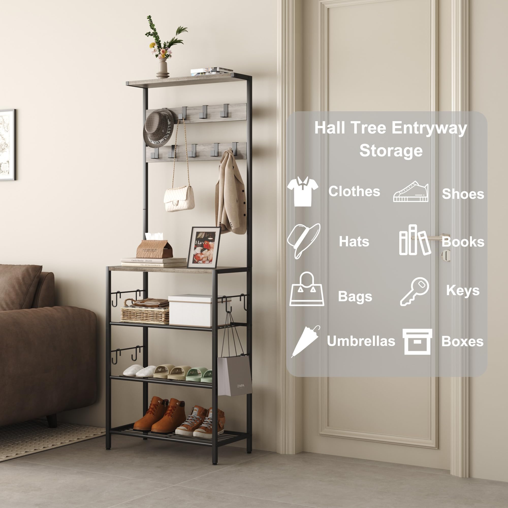 HOMEFORT 5-Tier Coat Rack with Shoe Storage & 9 Clothes Hooks - Freestanding Entryway Hall Tree Organizer for Bedroom, Living Room, Closet - Space Saving Grey Home Decor (Perfect for Small Apartments & Mudroom Organization)