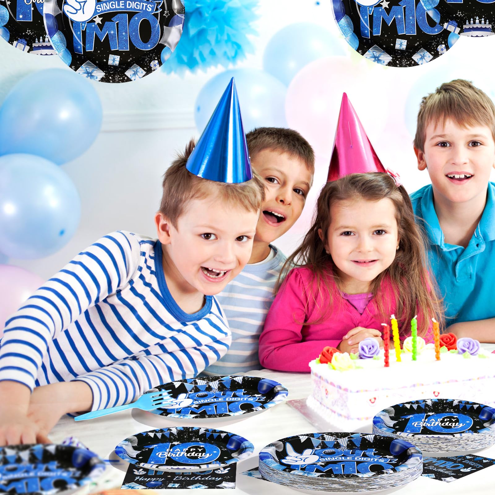 96 Pcs Blue and Black 10th Birthday Party Supplies Set - 350 GSM Disposable Plates, Napkins & Tableware for Boys | I'm 10 Single Digit Theme Decor | Serves 24 Guests - Perfect for Kids Birthday Parties, Decoration & Celebration Events