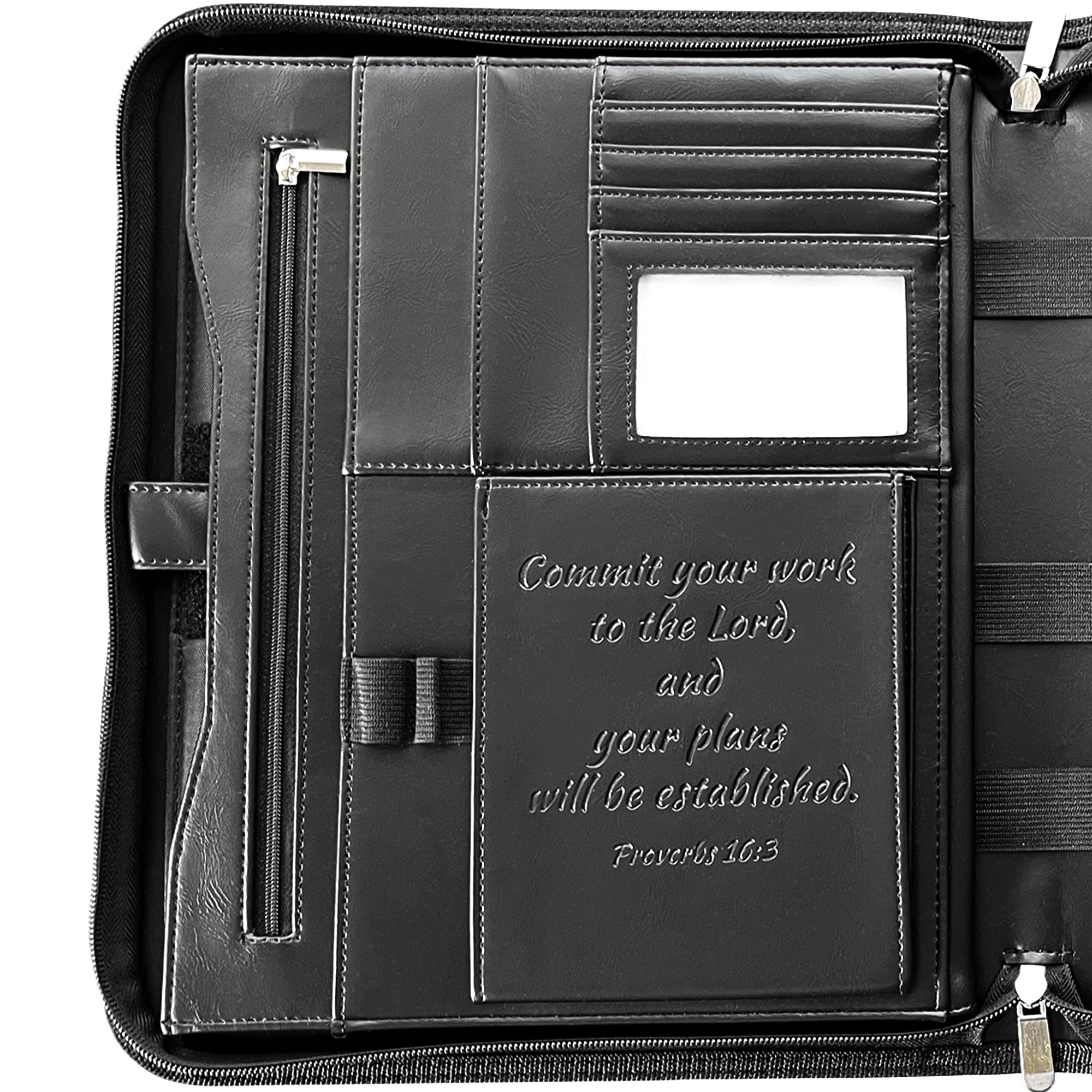Premium DEHITE Leather Portfolio for Men & Women - Christian Religious Gift with Laptop Pocket - Letter Size Organizer for Bible, Notebook & Notepad - Black Full Grain Zipper Binder - Perfect for Church, Office & Business Meetings