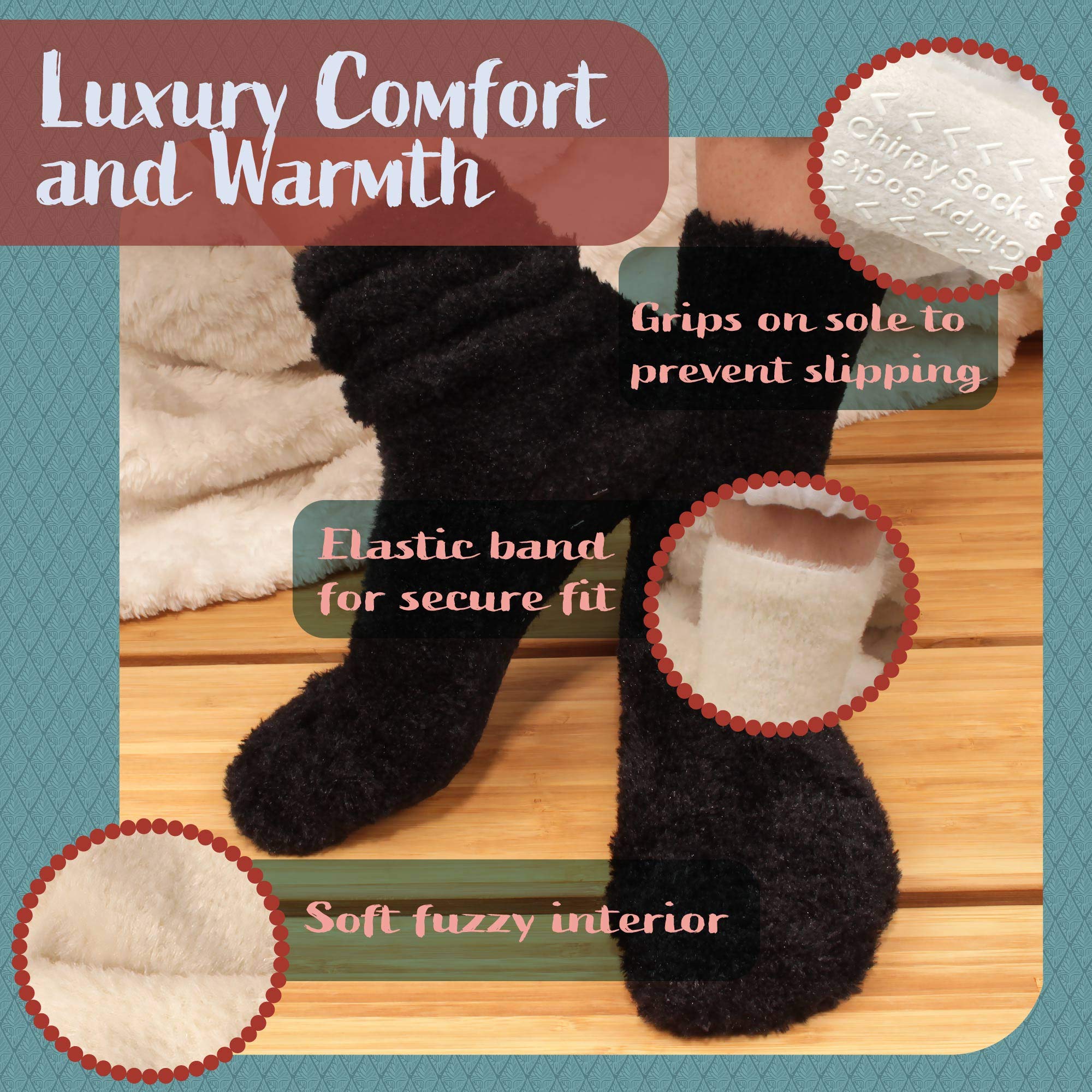 BambooMN Colorful Fuzzy Socks for Women & Men - 6 Pairs Super Soft Warm Microfiber Non-Slip Cozy House Socks - Perfect for Winter, Lounge, Home, Gift Giving