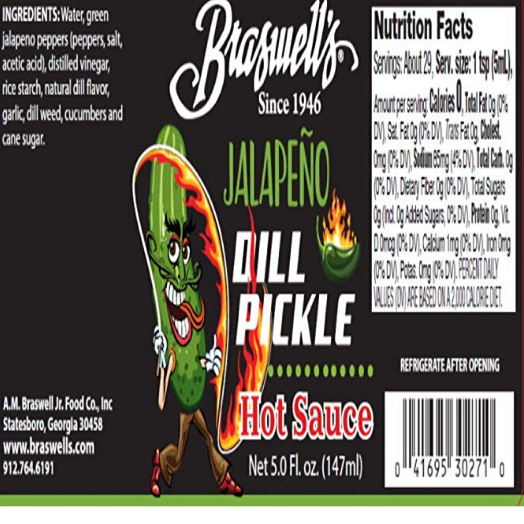 Braswell's Jalapeno Dill Pickle Hot Sauce - 5oz Bottle | Spicy Pickle Flavor | Perfect for Burgers, Tacos & Bloody Marys | Gluten-Free & Vegan Friendly