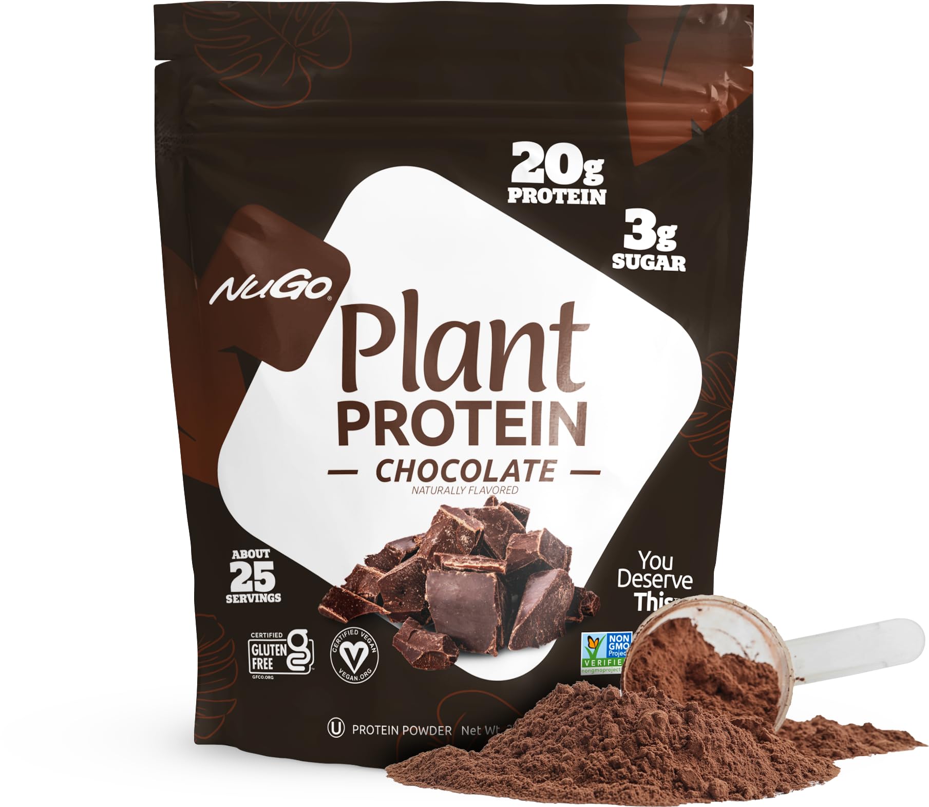 NuGo Plant Protein Powder - Chocolate Flavor, 20g Vegan Pea Protein, Low Sugar, Gluten Free, Dairy Free, Soy Free, Non-GMO, Kosher Certified (25 Servings) - Perfect for Smoothies, Shakes & Post-Workout Recovery