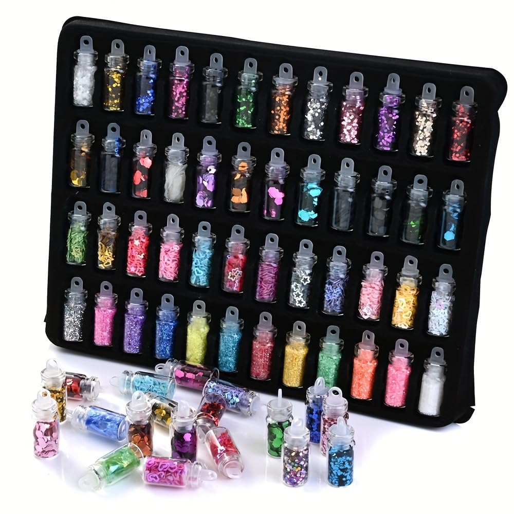 SYGA 48 Bottles Acrylic 3D Glitter Powder for Nail Art - DIY Manicure Set with Multicolored Nail Stickers & Decoration Tools - Perfect for Salon, Home Nail Design & Party Glam Looks