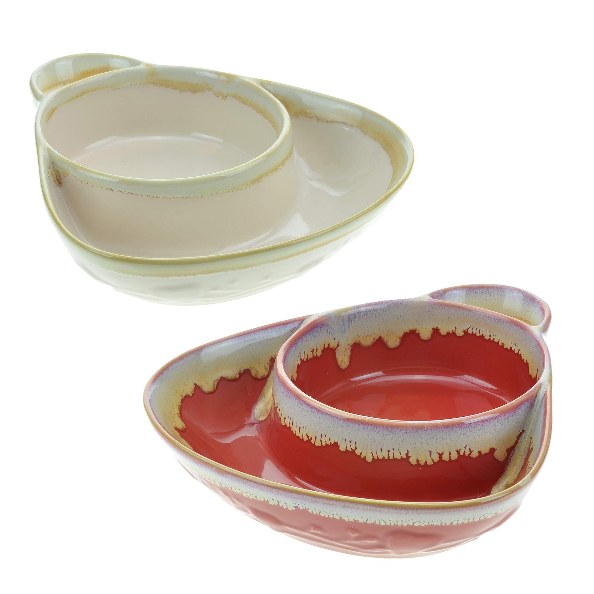 Premium Stoneware Soup & Side Bowls Set of 2 - Chip & Dip Serving Dishes in Cream & Red by Roe & Moe | Perfect for Entertaining, Party Snacks & Family Dinners