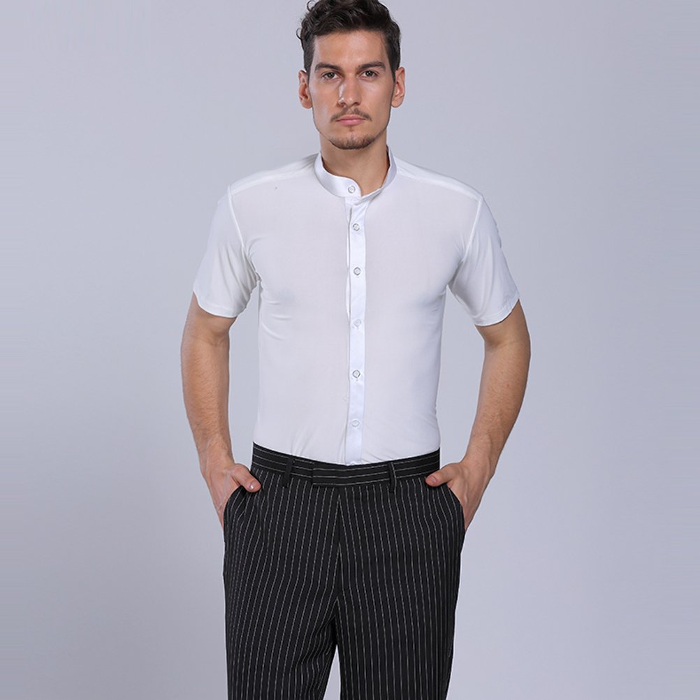 Men's Professional Pure Color Stand Collar Short Sleeve Modern Dance Shirt - Latin Ballroom & Square Dance Performance Top for Competitions & Social Events