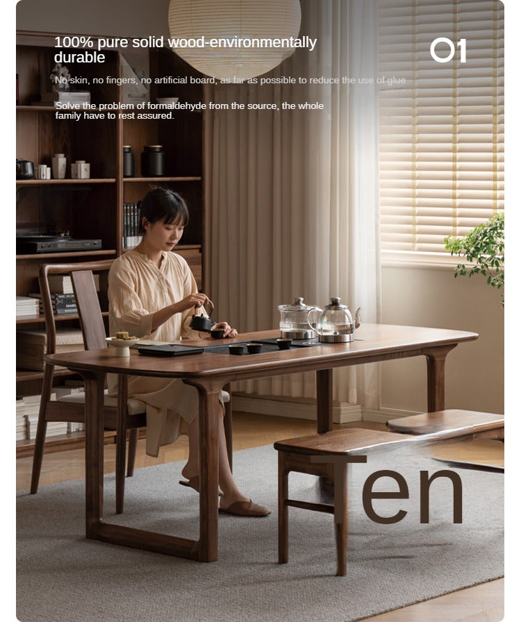 Premium Black Walnut Solid Wood Tea Table with Integrated Tray - Handcrafted Tea Serving Set for Living Room, Zen Meditation & Japanese Tea Ceremony
