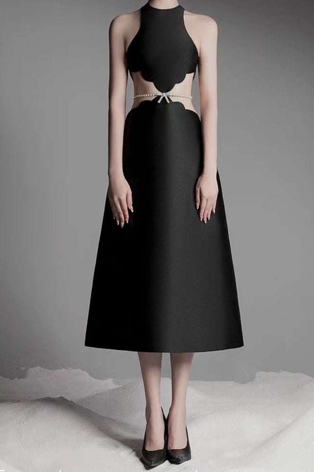 Elegant Black Pearl Embellished Midi Dress for Women - Perfect for Evening Parties, Weddings & Special Occasions