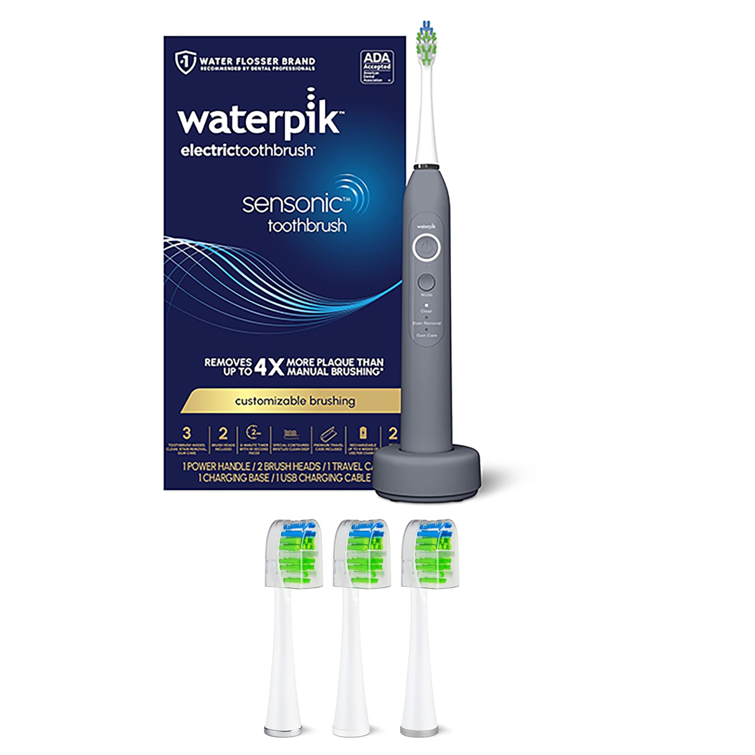 Waterpik Sensonic Electric Toothbrush with 3 Replacement Brush Heads - Gray, Rechargeable, Ultra Quiet, Deep Cleaning for Teeth & Gums - Perfect for Travel, Home & Office Use