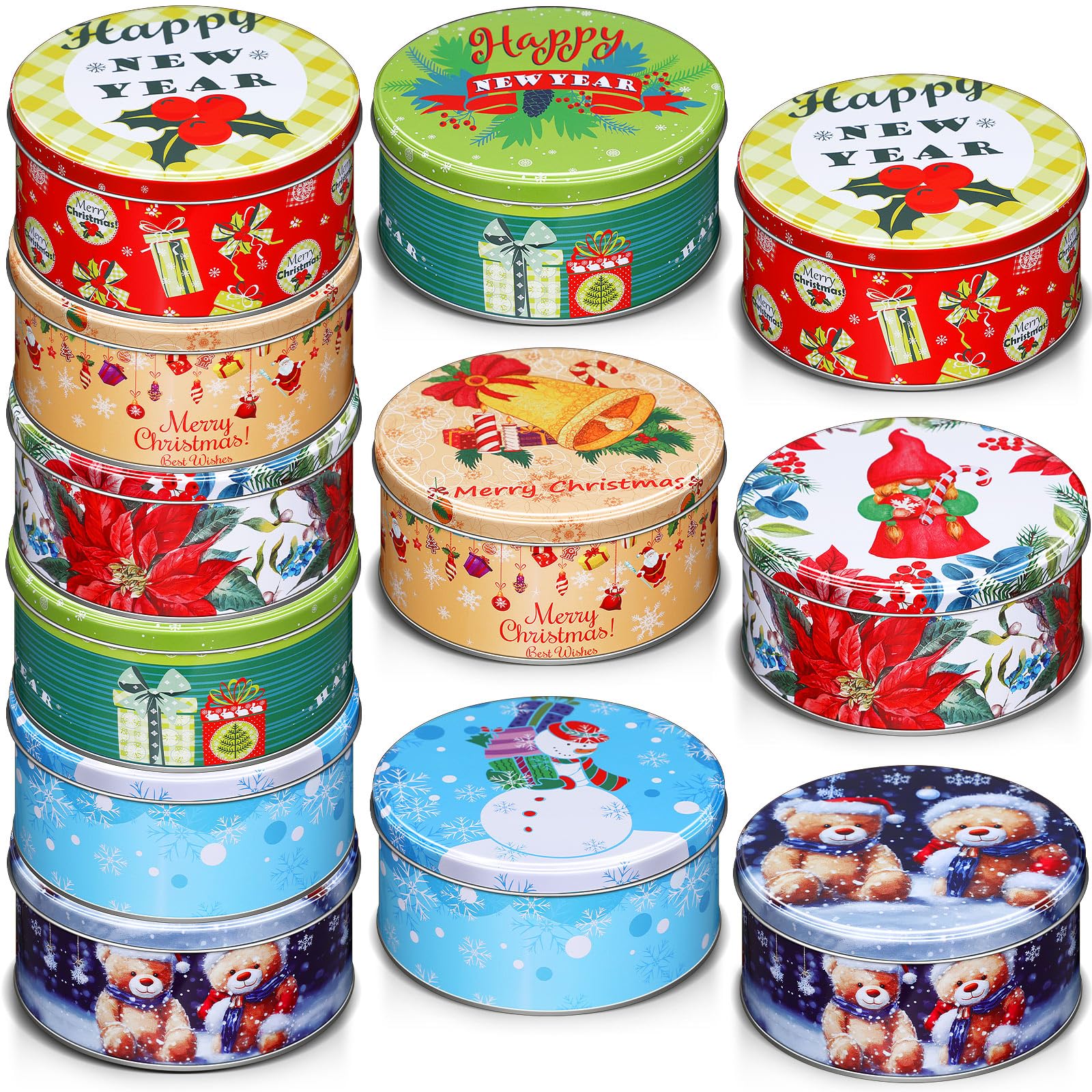 12 Pack Christmas Cookie Tins with Lids - Round Metal Holiday Gift Containers for Cookies, Candies & Party Favors - Classic Style Xmas Cookie Jars for Gift Giving, Baking & Holiday Decorations