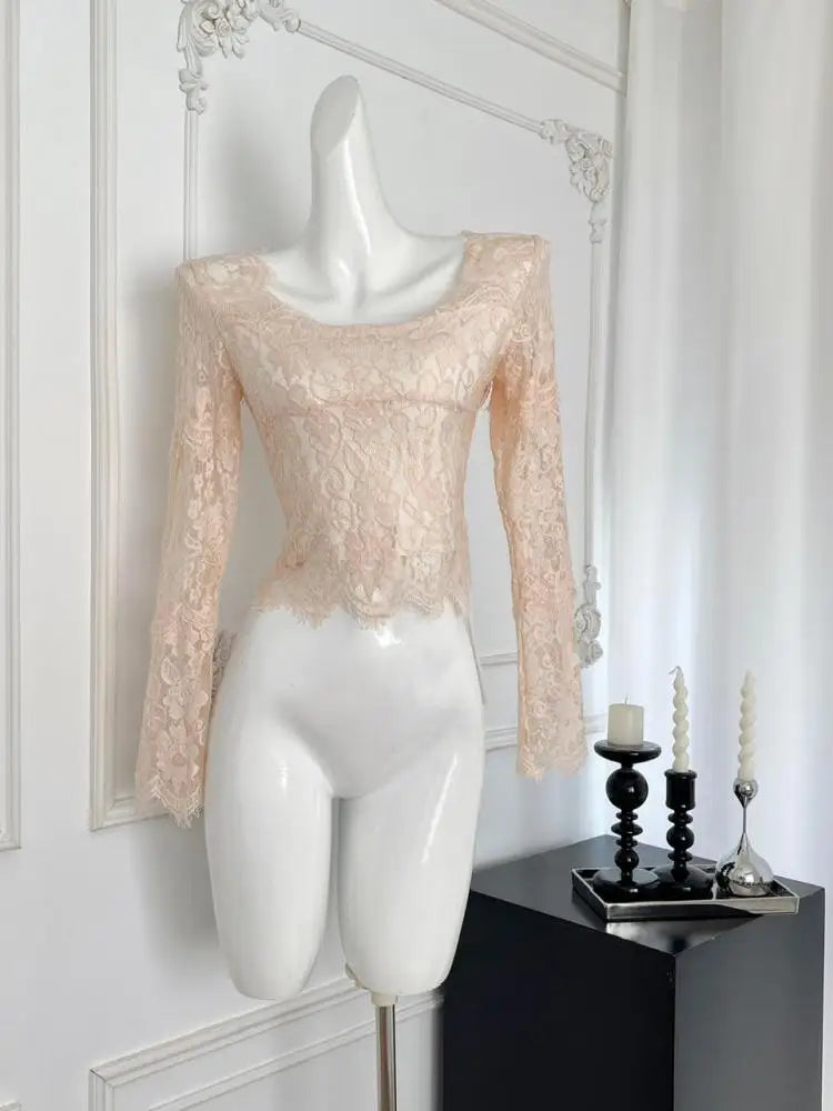 Elegant Vintage Blue Lace Square Neck Slim Fit T-Shirt for Women - Long Sleeve Blouse with Pink Accents | Perfect for Fall Fashion, Vacation Outfits & Casual Wear