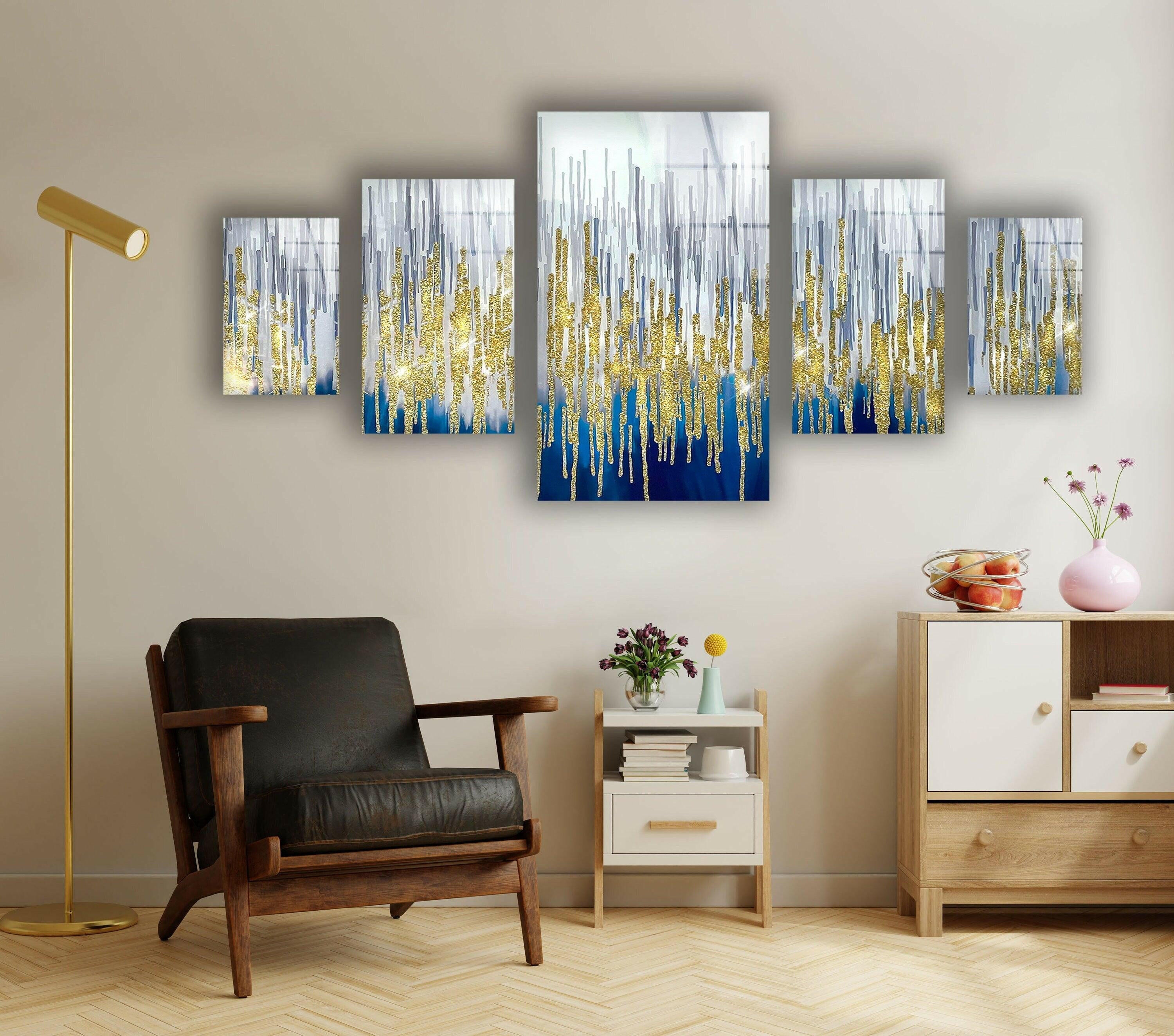 Blue & Gold Sparkles Glass Wall Art - Elegant Handmade Home Decor for Living Room, Bedroom, or Office - Perfect Gift for Housewarming & Holidays