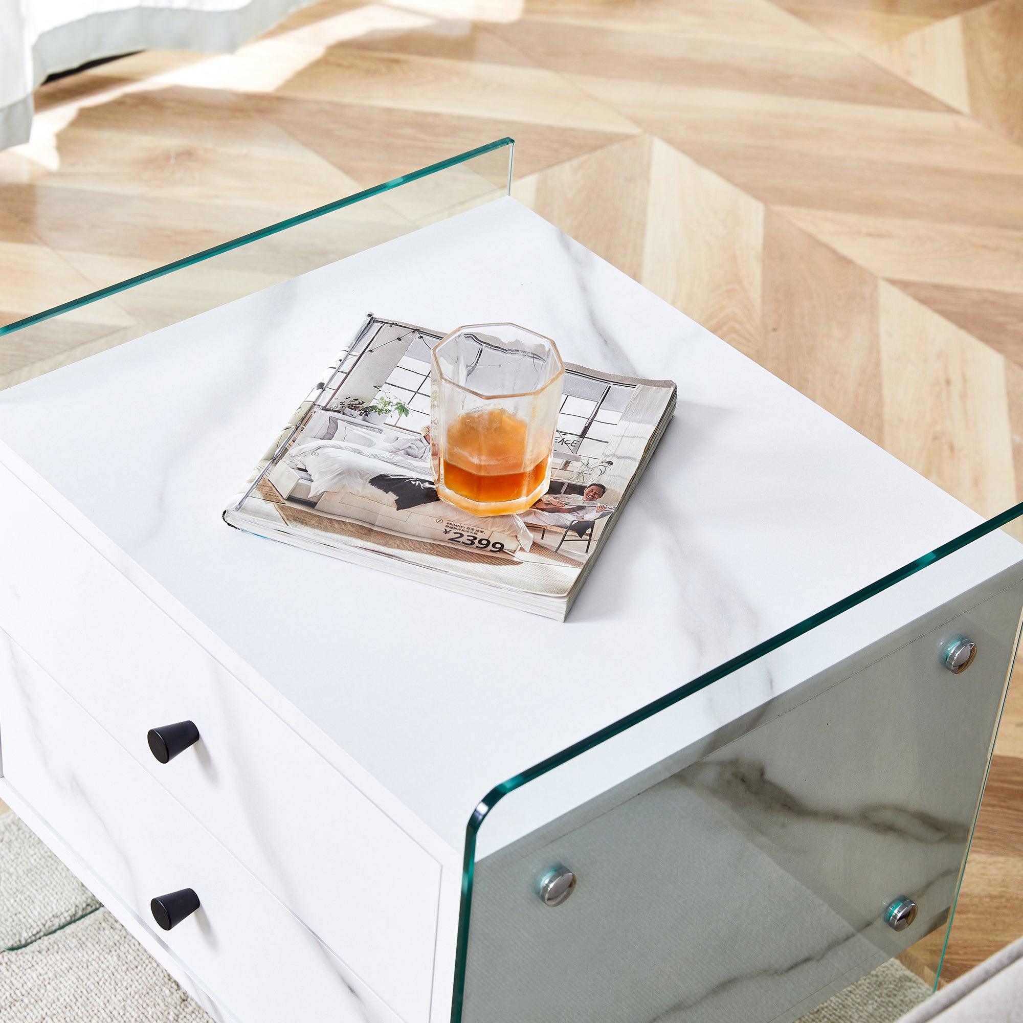 Modern Double Drawer Bedside Table with MDF Sticker Surface & Tempered Glass Sides - Simple Elegant Design, Excellent Storage for Bedroom, Living Room, or Office Use