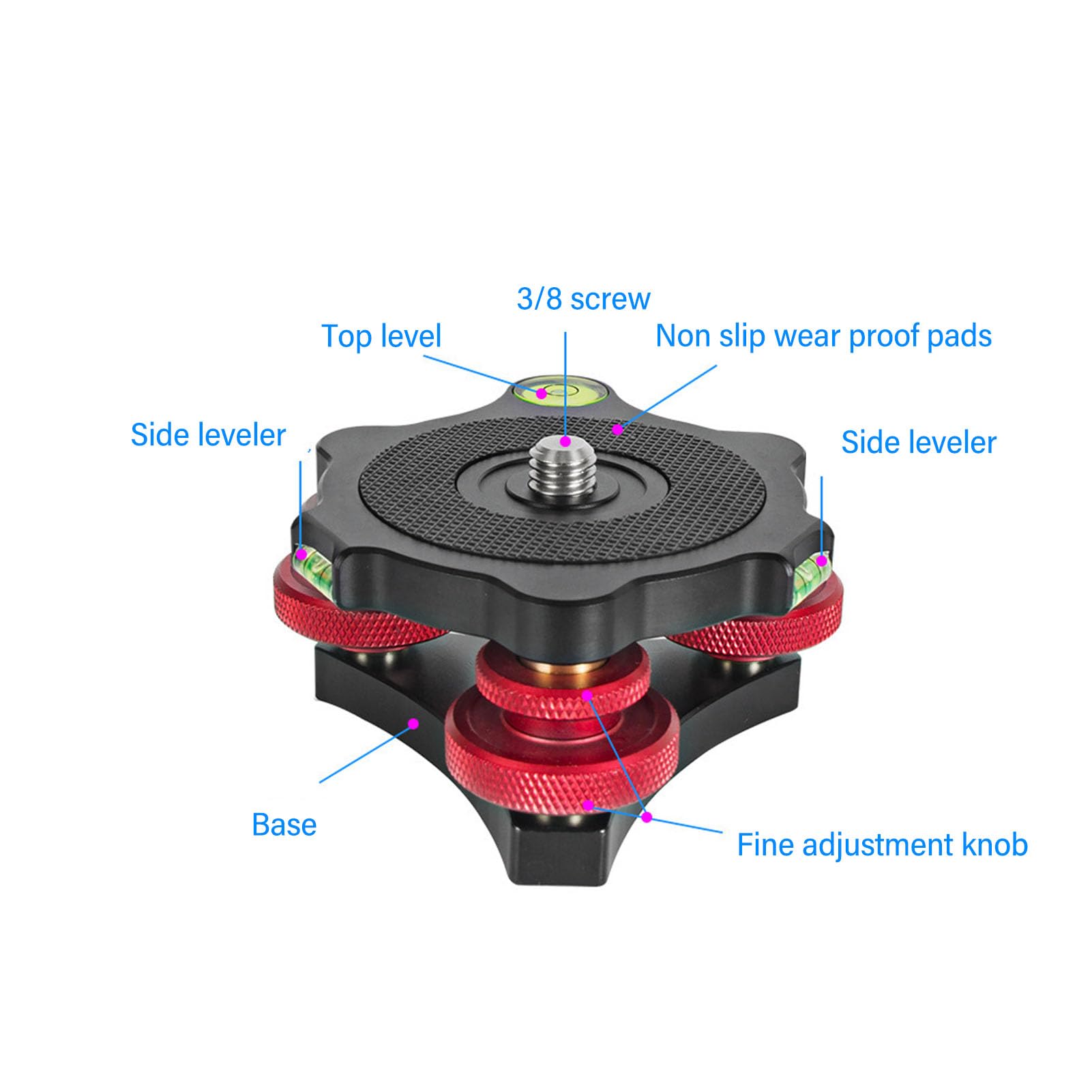Aluminum Tripod Head Leveling Base - 3 Axis Triple Wheel Leveler Stand with 3/8