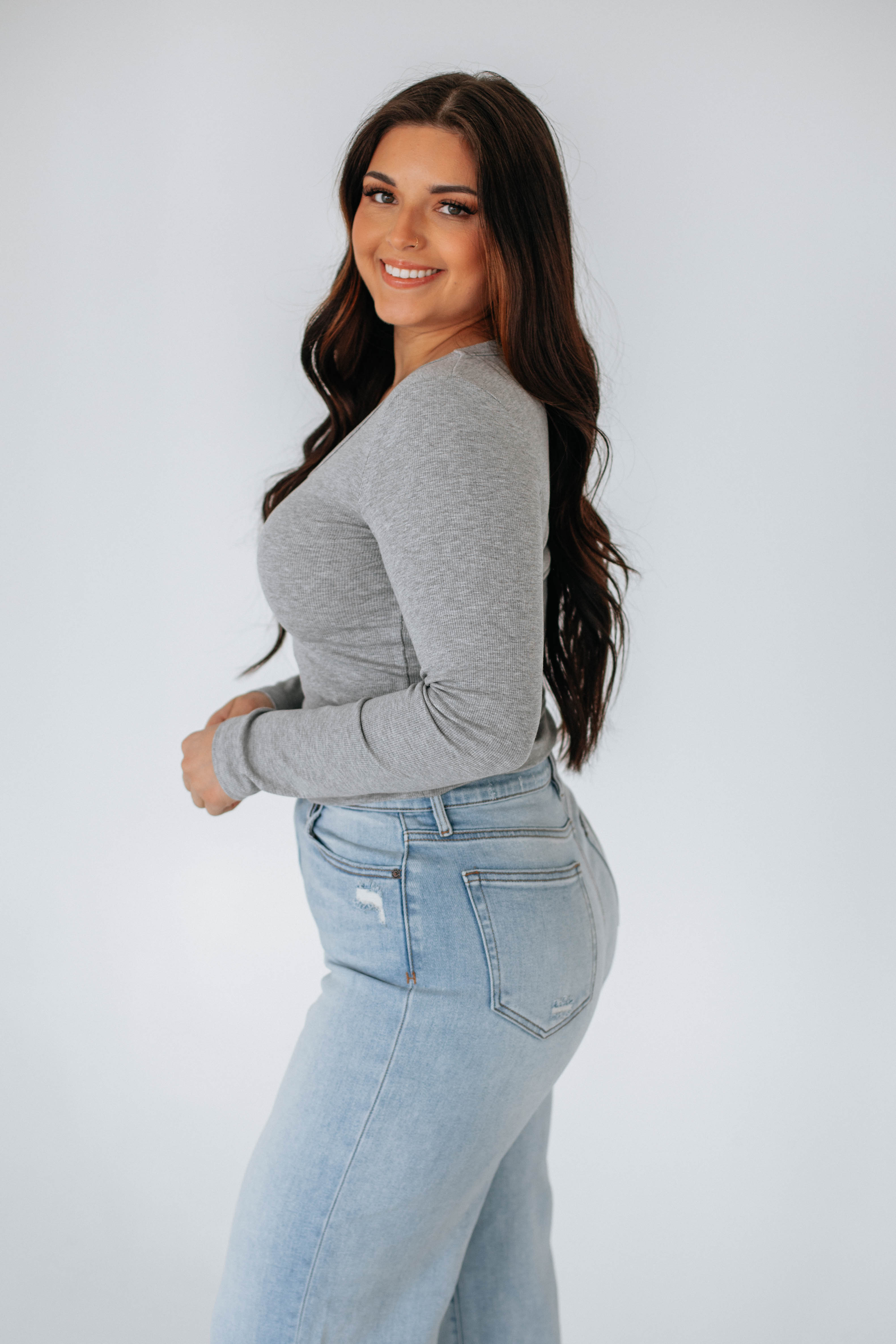 Kasen Ribbed Top for Women - Soft Heather Grey Stretch Knit Shirt - Perfect for Casual Wear, Layering & Everyday Outfits