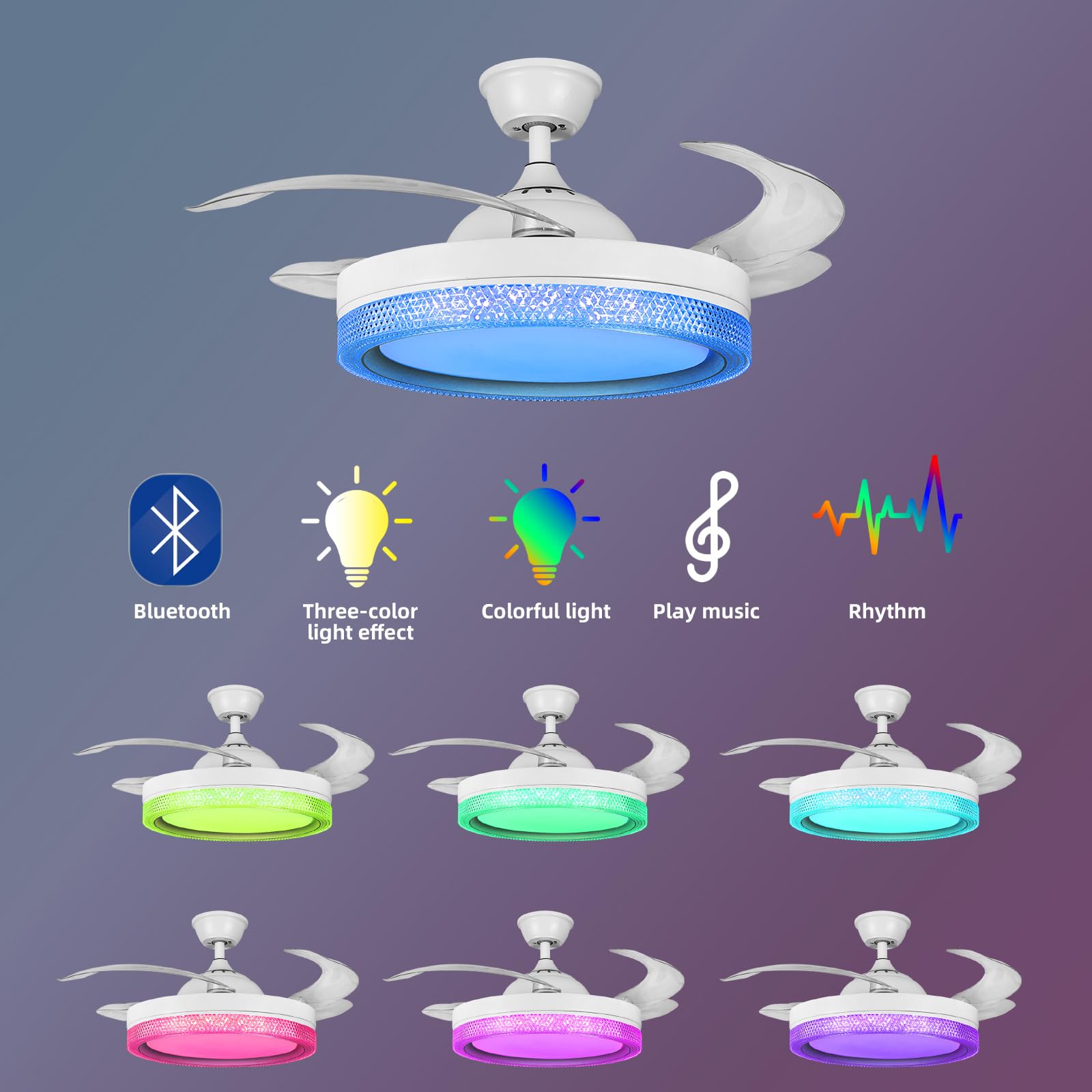 HOREVO 42 Inch Retractable Ceiling Fan with LED Lights, Bluetooth Speaker & Remote - Color Changing Dimmable Invisible Blade Chandelier Fan for Bedroom, Living Room & Outdoor Patio