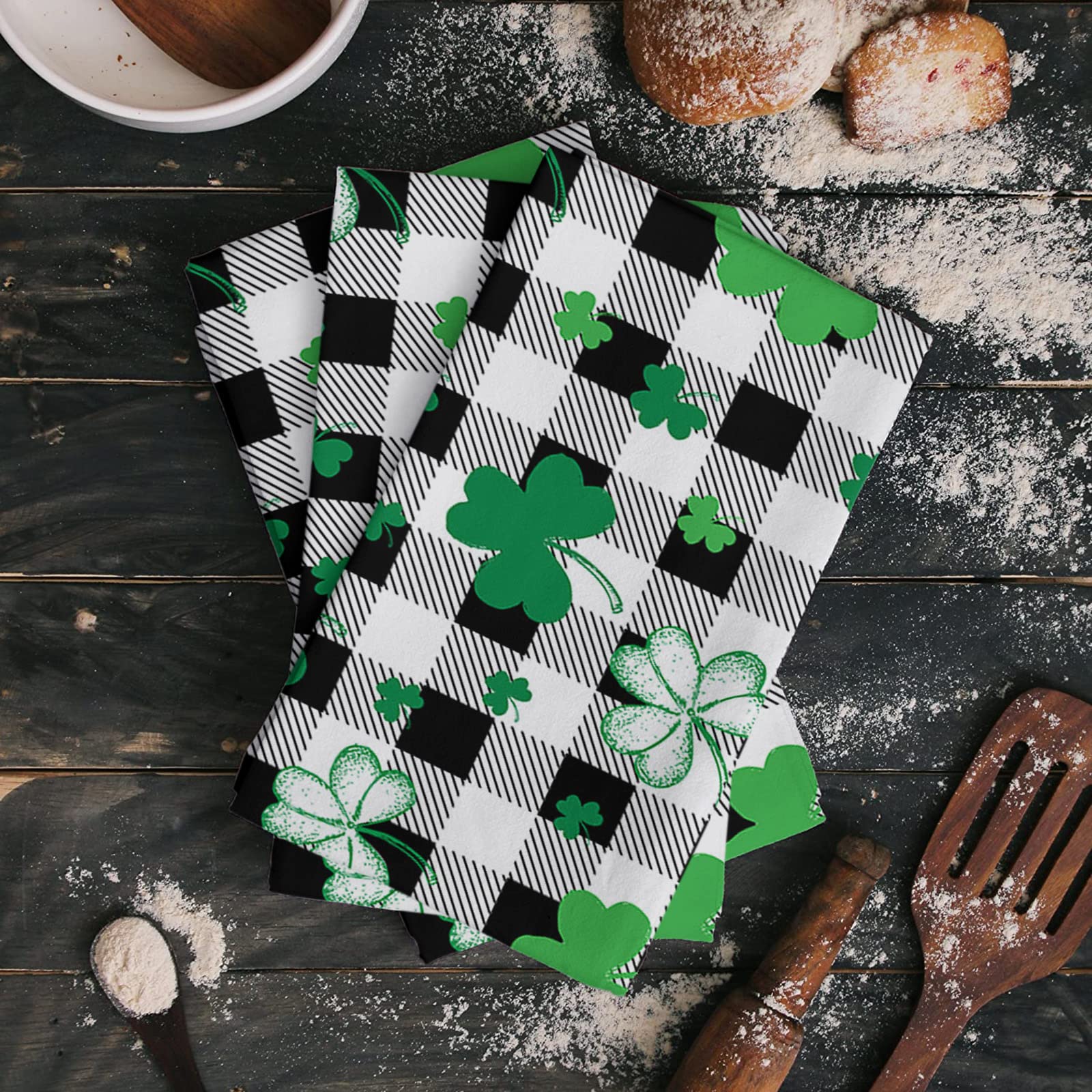 Premium Microfiber Kitchen Towels Set of 2 - Super Absorbent Reusable Dish Towels for Cleaning, Drying & Polishing (18x28 Inch) - Shamrock Black White Buffalo Plaid Design for St. Patrick's Day - Ideal for Kitchen, Bar, Tea Service & Household Chores