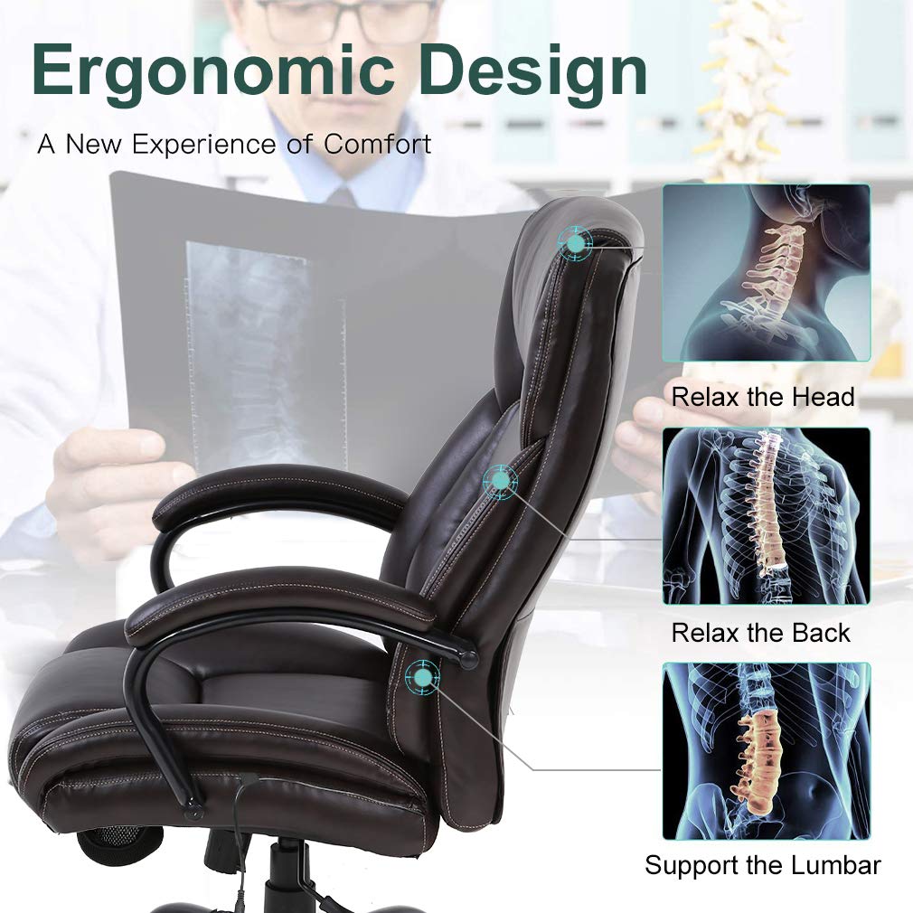 Big and Tall Office Chair 500lb Capacity - Extra Wide Seat Ergonomic Computer Chair with Massage, Adjustable Headrest & Lumbar Support - Heavy Duty PU Leather Executive Desk Chair for Women & Men - Perfect for Home Office, Gaming, and Long Work Sessions (Brown)