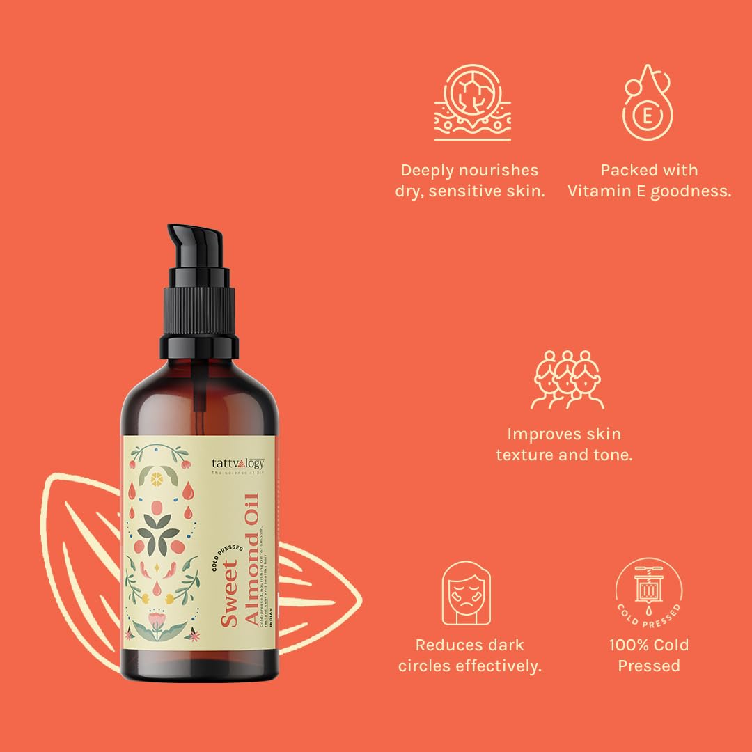 Pure Cold-Pressed Sweet Almond Oil from Kashmir - 100ml | Natural Skin & Hair Care | Moisturizing, Nourishing & Massage Oil for Face, Body & Scalp
