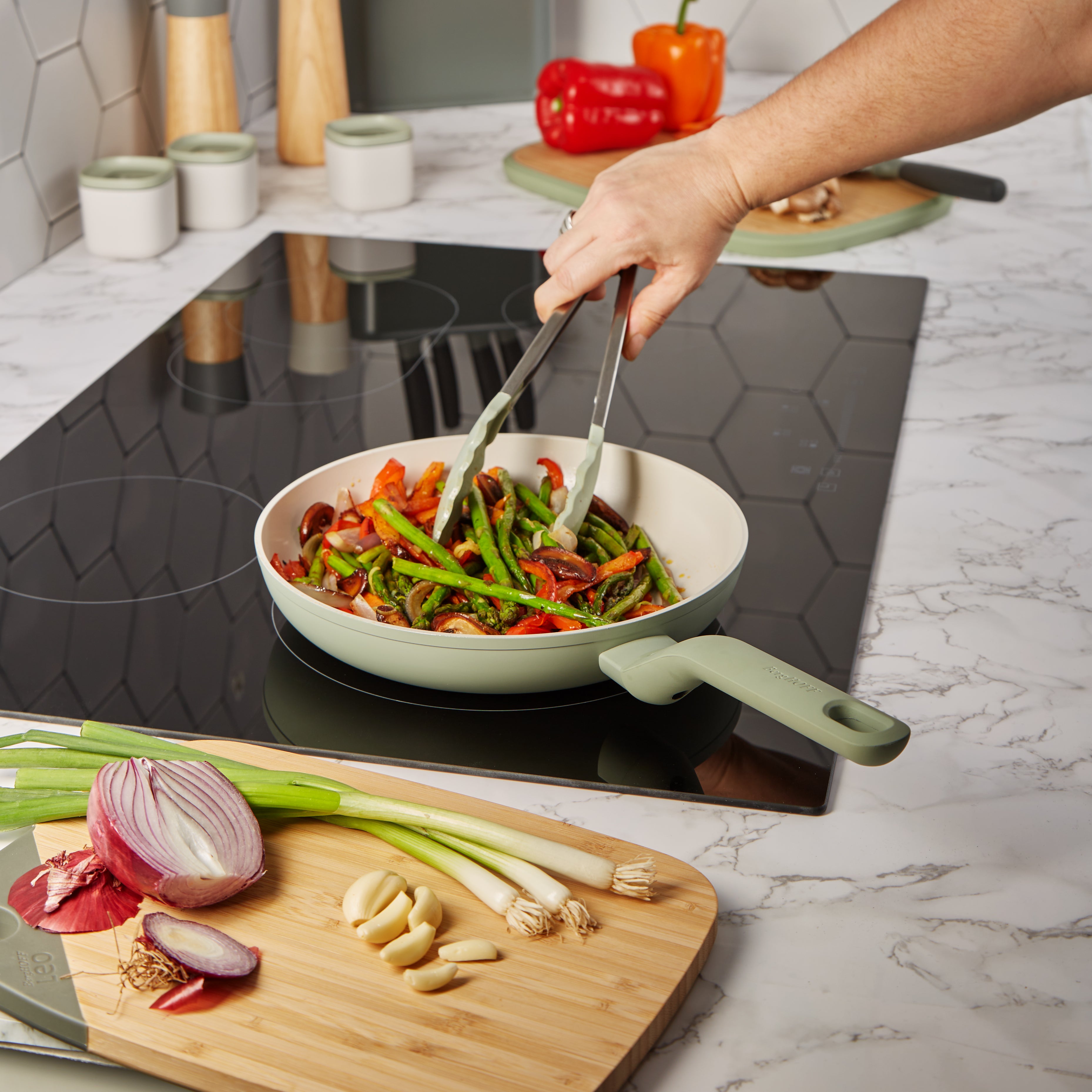 BergHOFF Leo Balance 5-Piece Nonstick Aluminum Cookware Set with Glass Lids - Sage Green | Durable Kitchen Pots & Pans for Sauteing, Frying & Everyday Cooking