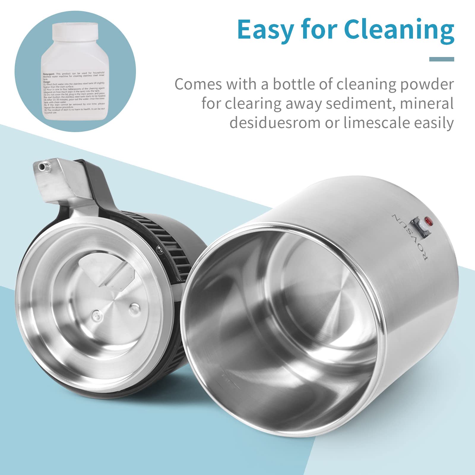 ROVSUN Upgraded 1.1 Gallon/4L Stainless Steel Water Distiller for Home - 750W Countertop Distilled Water Maker Machine with Glass Container (1L/H Output) - Perfect for Drinking, Baby Formula, Humidifiers & Medical Use