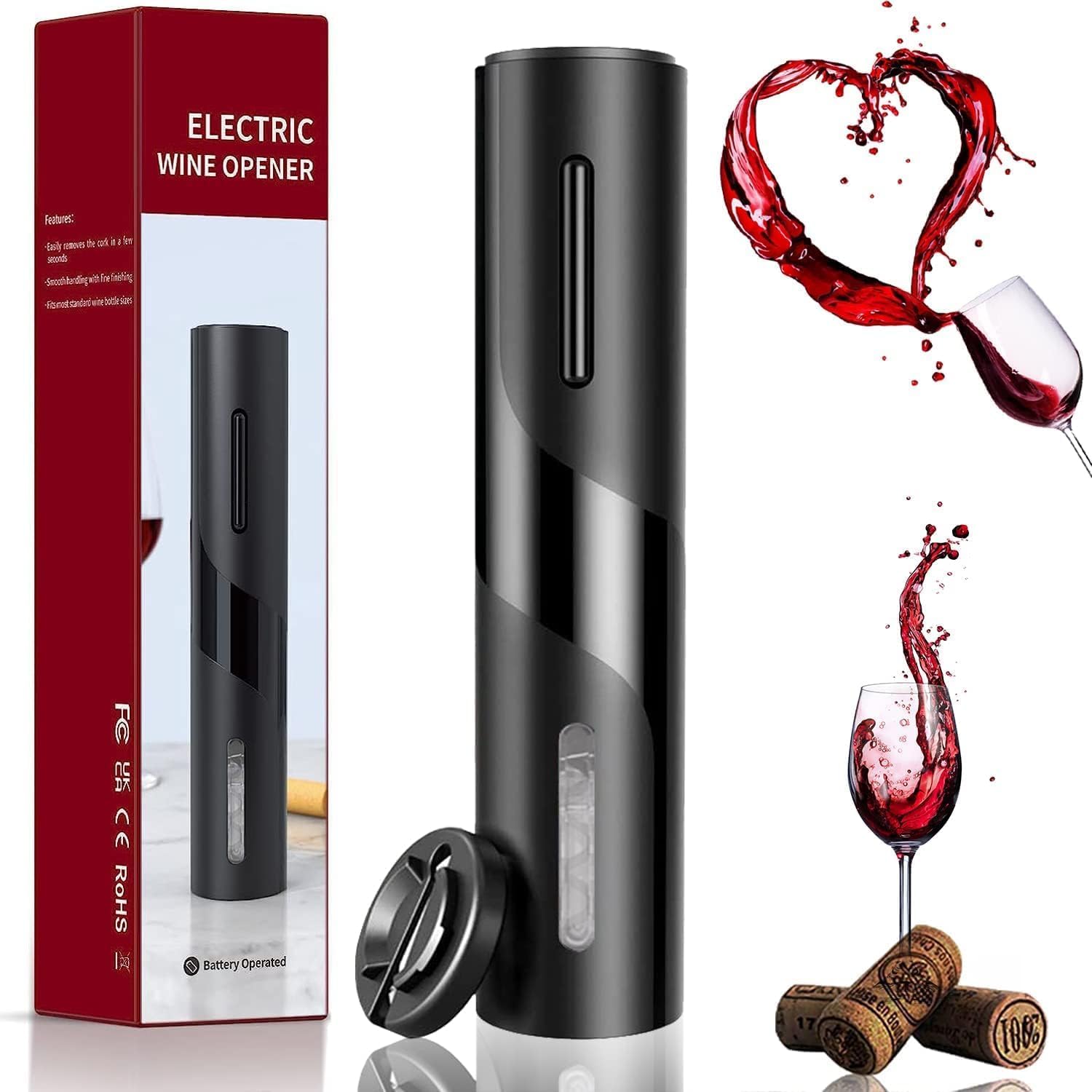 Electric Wine Opener Set with Battery Operation & Foil Cutter - Automatic Corkscrew, Rechargeable, Black - Perfect for Wine Lovers, Dinner Parties & Gifts