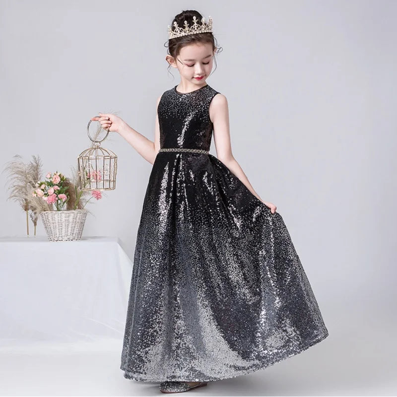 Sparkly O Neck Flower Girl Dress with Sequins - Elegant Long Formal Party Gown for Weddings, Pageants & Special Occasions