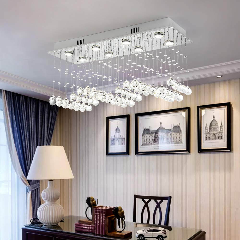 Maxax 8-Light Rectangle Crystal Raindrop Chandelier - Modern Flush Mount Ceiling Light Fixture with K9 Clear Crystals for Living Room, Bedroom, Dining Room & Kitchen Island - Elegant Home Lighting for Weddings, Restaurants and Luxury Spaces