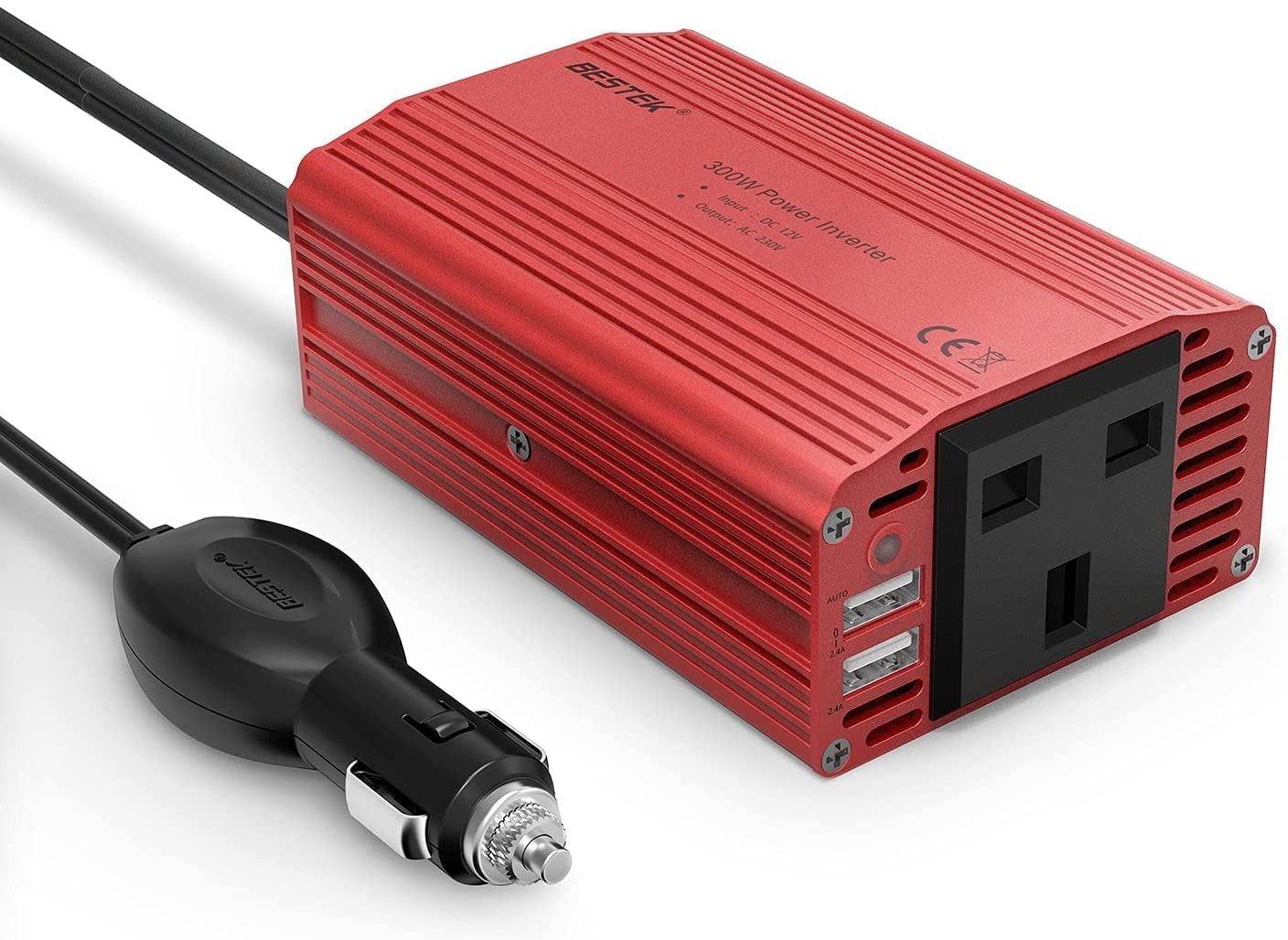 BESTEK 300W Car Power Inverter DC 12V to 230V AC Converter with 2 AC Outlets & 4.8A Dual USB Ports - Ideal for Road Trips, Camping, and Charging Laptops/Devices On The Go