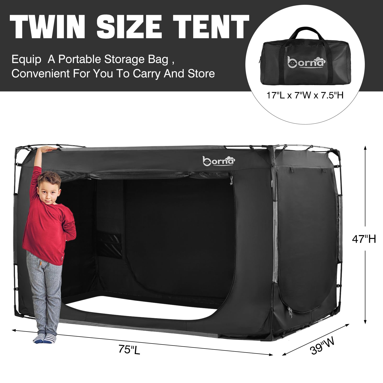 **BORNA Twin Size Bed Tent & Canopy - Portable Sleeping Tent for Kids & Adults, Breathable Privacy Bed Tent with 3 Doors - Perfect for Indoor Use, Camping, Sleepovers & Privacy (Mattress Not Included)**