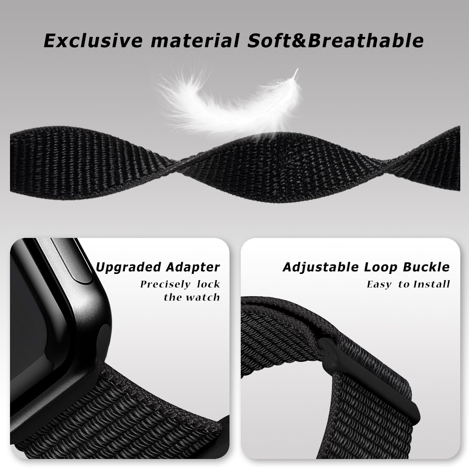 Nylon Sport Loop Bands for Apple Watch - Compatible with 38mm 40mm 41mm 42mm 44mm 45mm 49mm - Stretchy Breathable Strap for iWatch Series 9/8/7/6/5/4/3/2/SE/Ultra - Perfect for Workouts, Running & Everyday Wear (Dark Black)