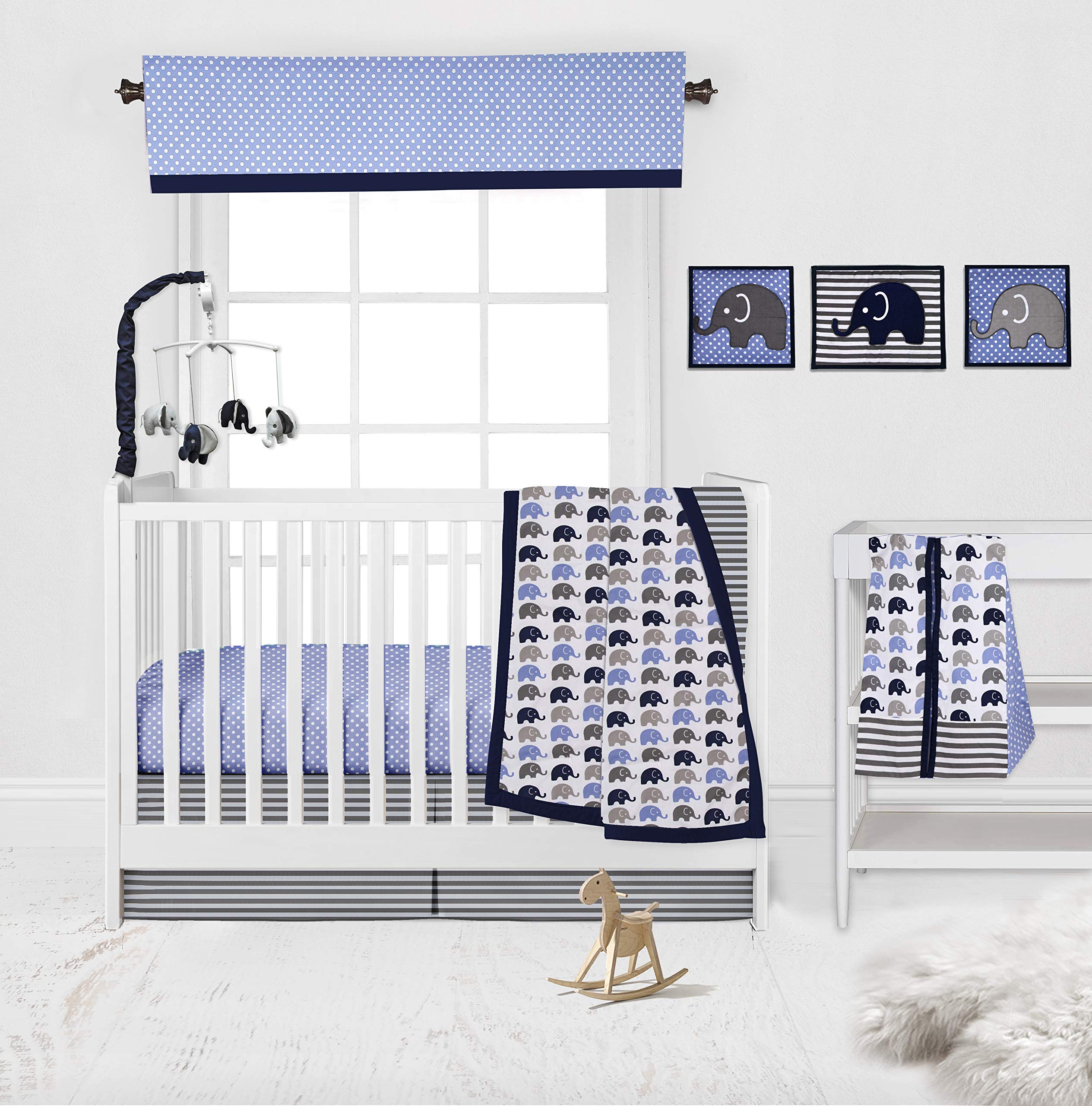 Bacati 10-Piece Elephant Nursery Crib Bedding Set - Blue, Navy & Gray with 2 Fitted Sheets | Soft Baby Crib Set for Boys & Girls | Perfect for Nursery Decor, Baby Shower Gift & Newborn Essentials