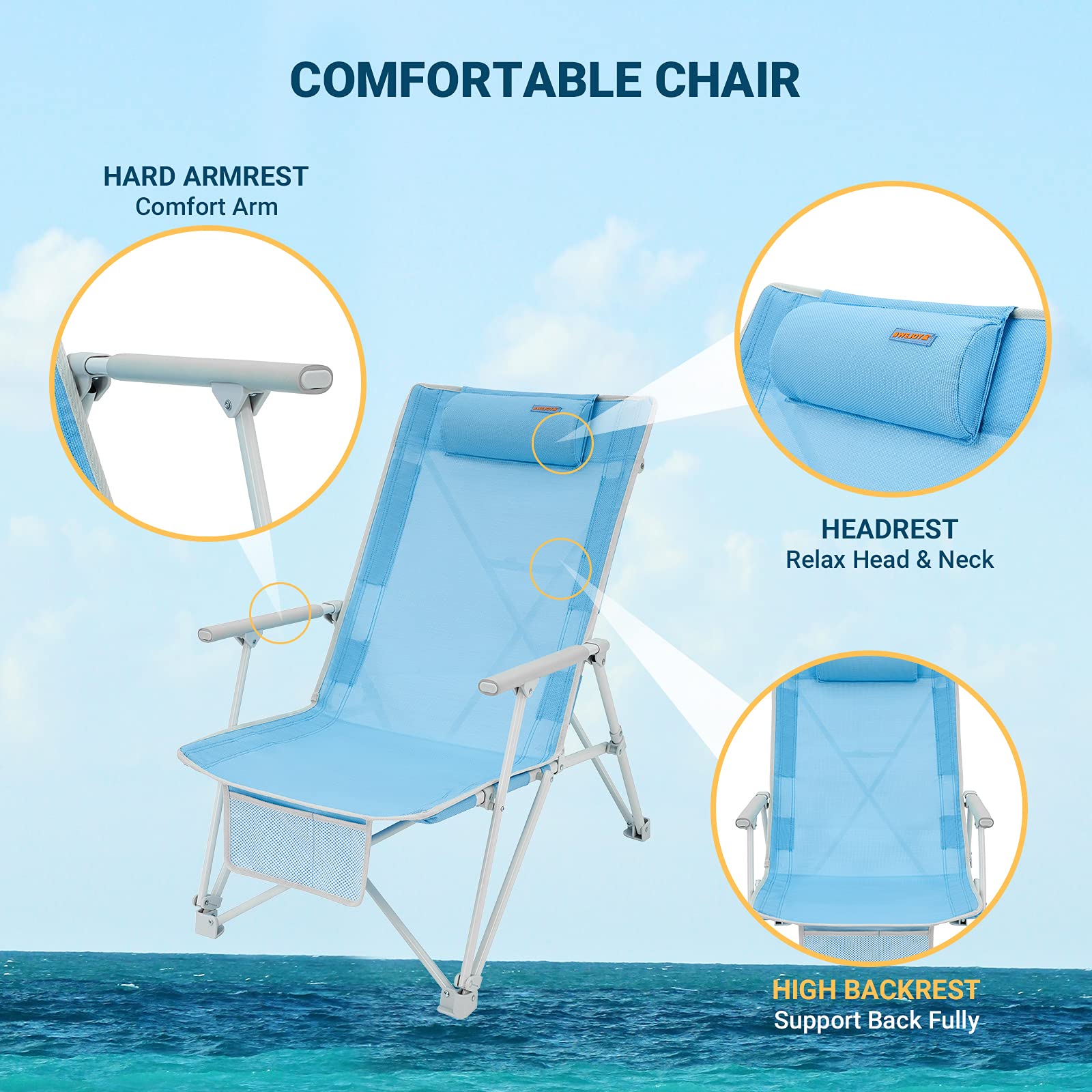 WEJOY 2 Pack Low Beach Chairs - Portable Folding High Back Lawn Chairs for Adults with Armrest & Headrest, 300lbs Capacity - Perfect for Beach, Camping, Concerts & Outdoor Events