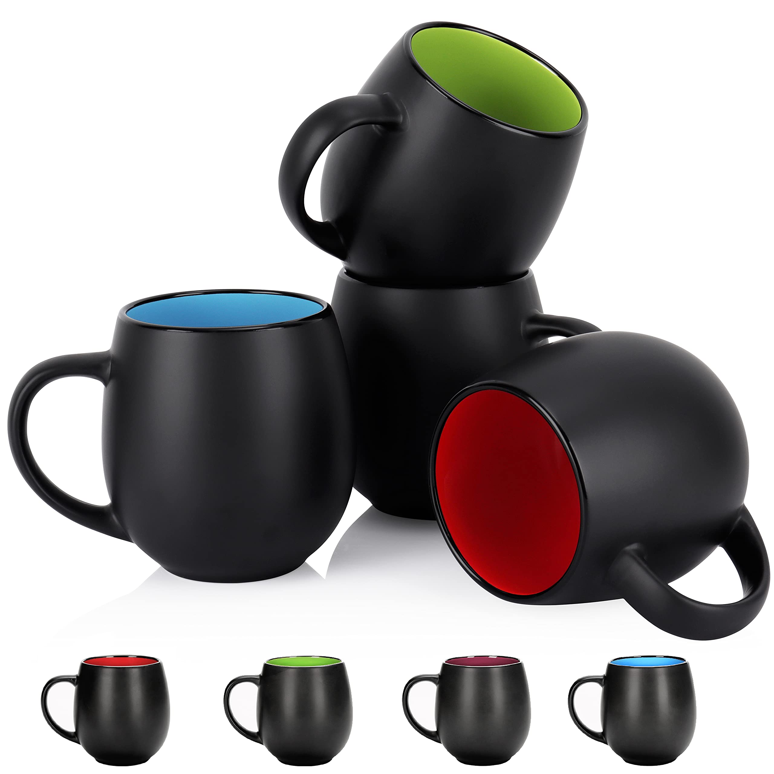 Vivimee 4 Pack Ceramic Coffee Mug Set - 20oz Large Coffee Cups for Coffee, Tea, Cappuccino, Hot Cocoa & Cereal - Black Exterior with Colorful Interior - Perfect for Restaurants, Cafes, Home & Office Use