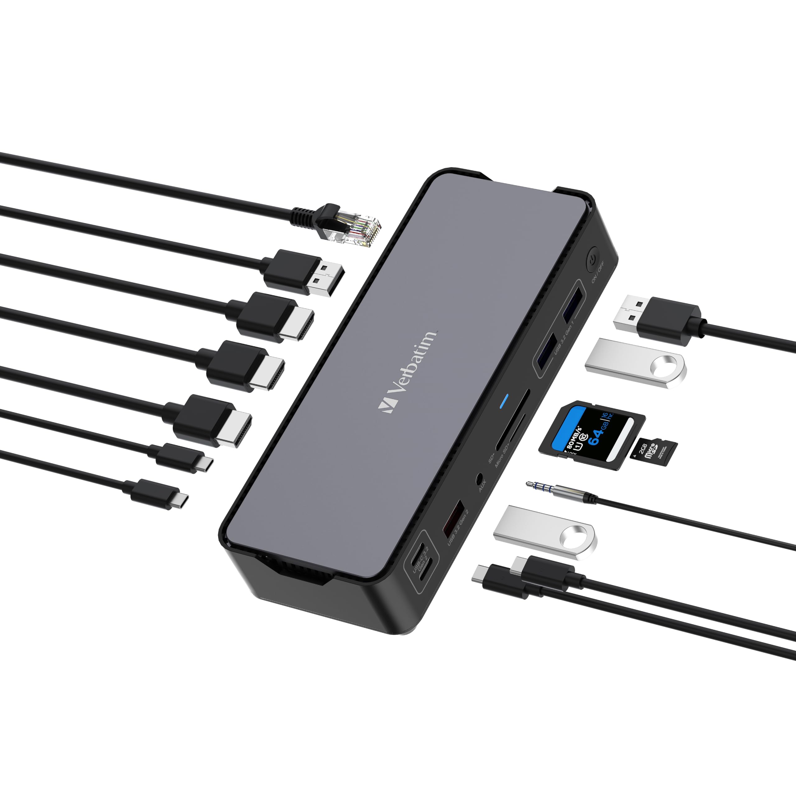 Verbatim USB-C Pro Docking Station 15-in-1 Hub - 4K/8K HDMI, USB-A/C, 80W PD, AUX, Card Reader - Compatible with MacBook Pro/Air, Windows Laptops - Perfect for Home Office, Gaming & Video Editing Workspace Setup