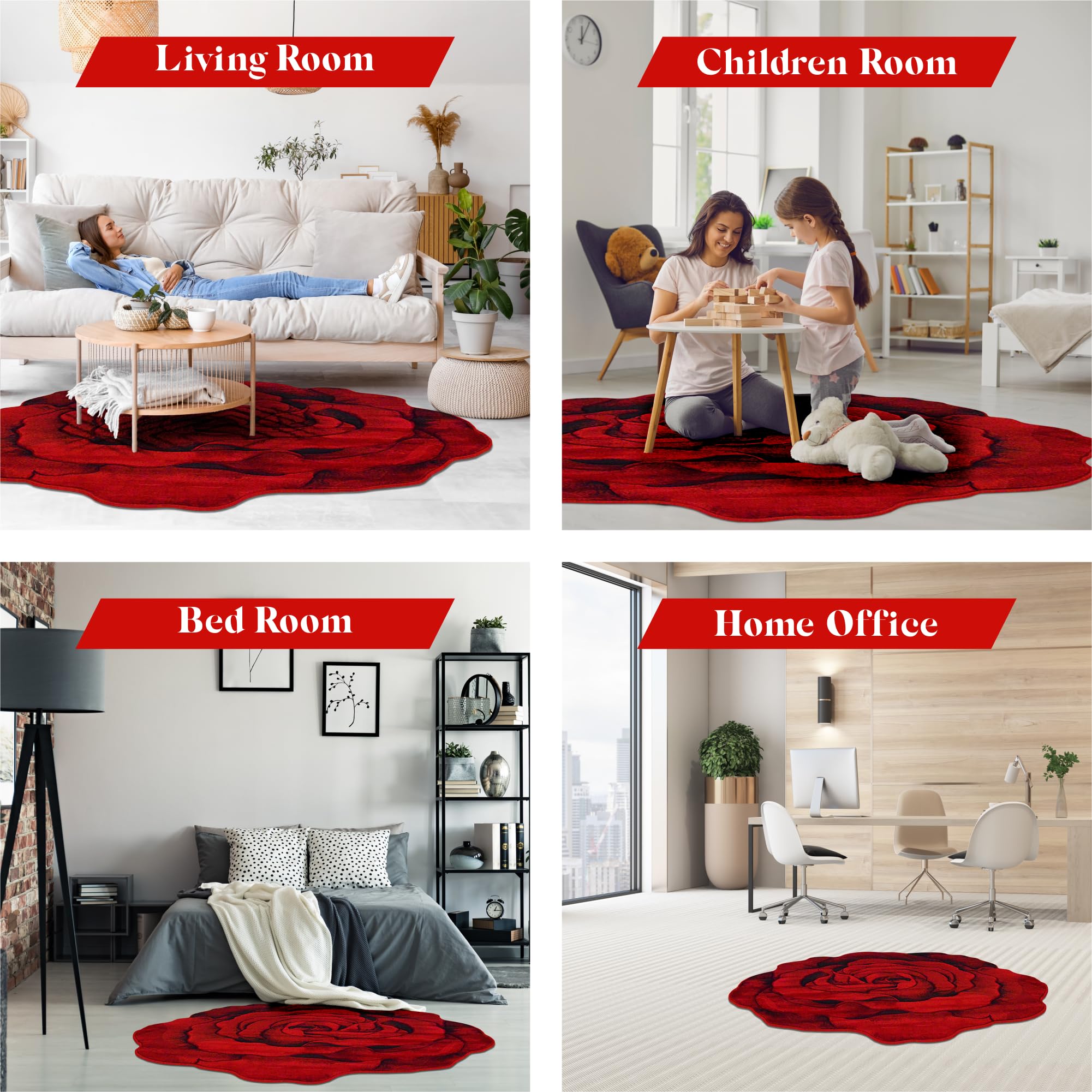 5ft Round Rose Flower Shaped Plush Area Rug - Soft Girly Circle Carpet for Bedroom, Living Room Floor Decor | 304 Red | Perfect for Boho Chic Home, Nursery & Dorm Room