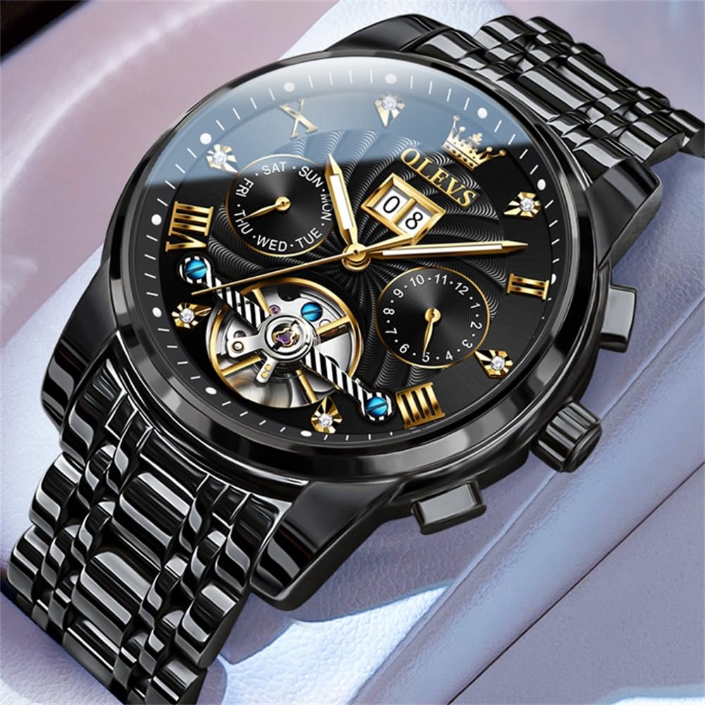 OLEVS Men's Automatic Self-Winding Skeleton Tourbillon Watch with Diamond Accents - Luxury Mechanical Business Dress Watch for Men - Waterproof & Luminous - Perfect for Formal Events, Office Wear & Special Occasions