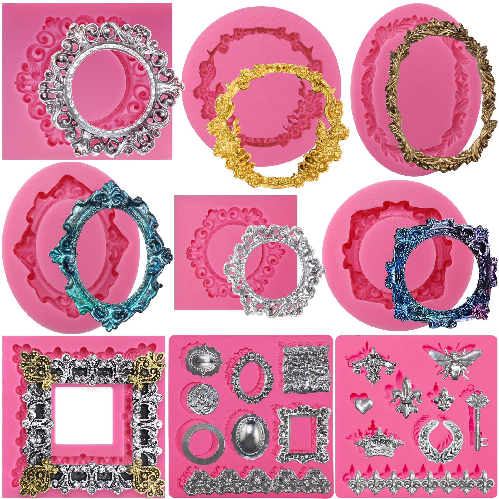 Funshowcase Retro Picture Frames Silicone Molds - 9-Piece Set for Fondant Cake Decorating & Polymer Clay Crafts - Perfect for DIY Baking, Wedding Cakes, and Creative Art Projects